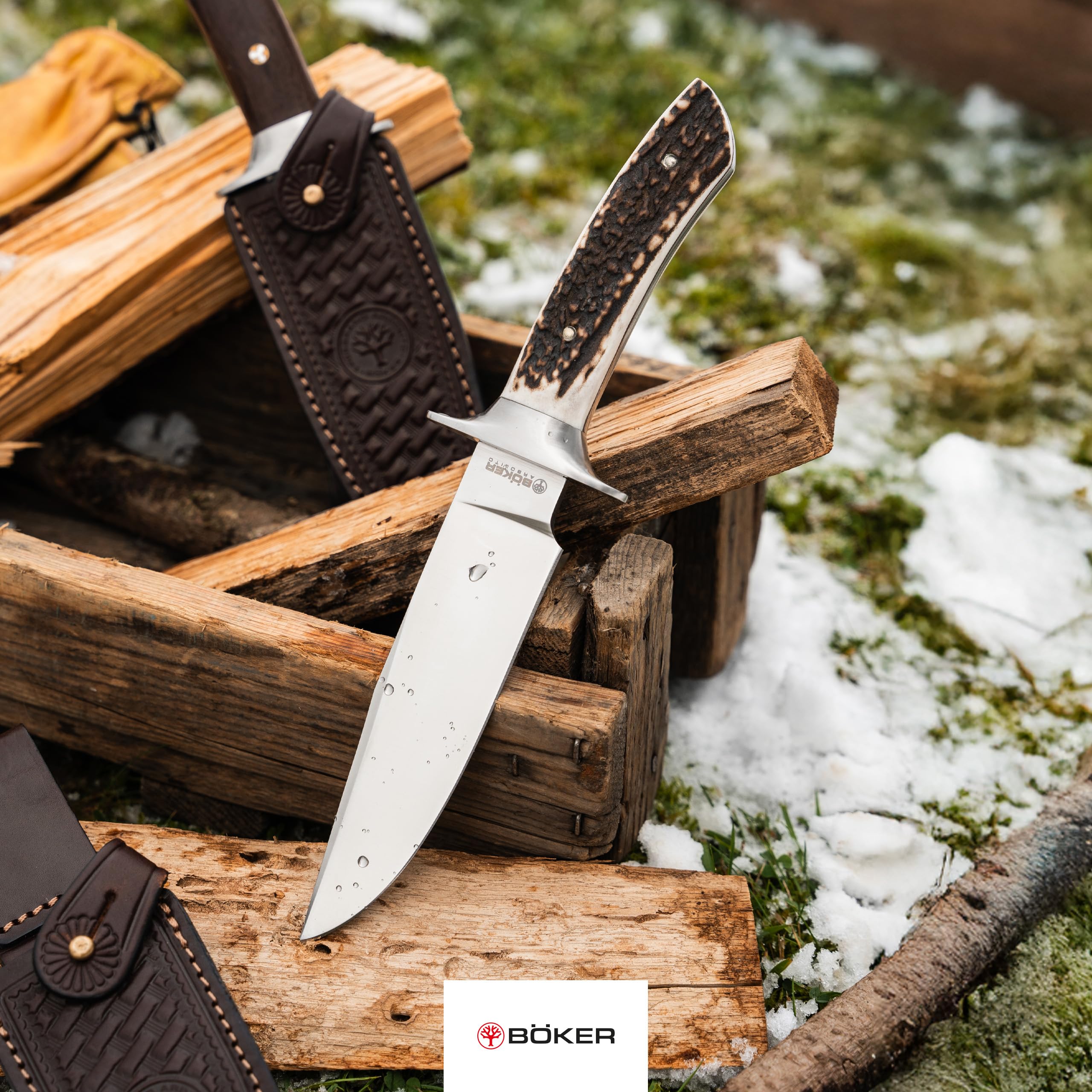 Böker ARGENTINIA® Torito HX - Outdoor Jagdmesser mit feststehender Klinge 16,2 cm - Fulltang Messer mit Hirschhorngriff echt - Hunting Knife mit Lederscheide braun - Survivalmesser mit Parierelement
