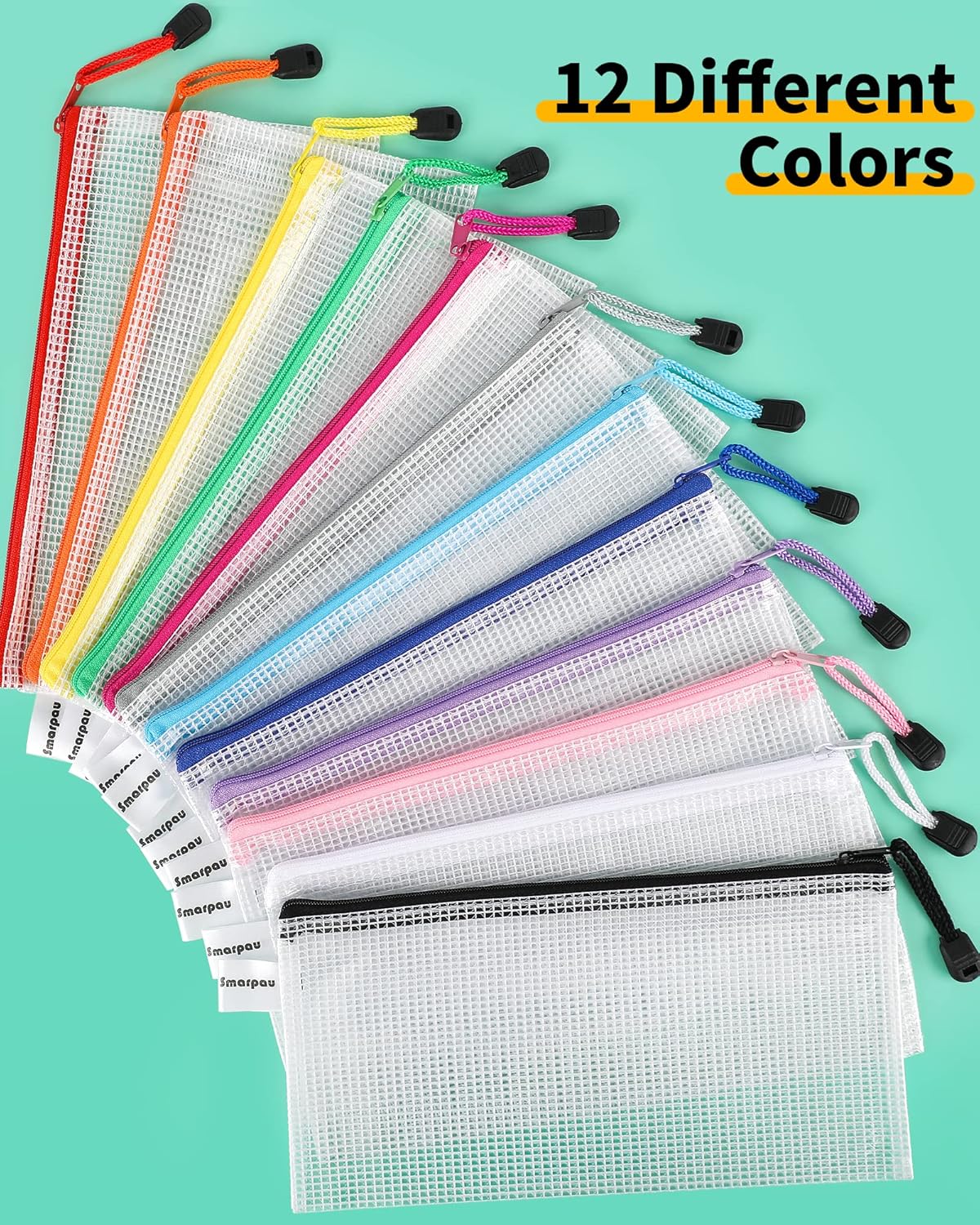 Smarpau 60 Pcs Pencil Pouch, 12 Colors 9.3" x 4.7" Small Mesh Zipper Pouches Clear Pencil Case, Waterproof Zipper Bags for Organizing Travel, Office Storage - Image 3