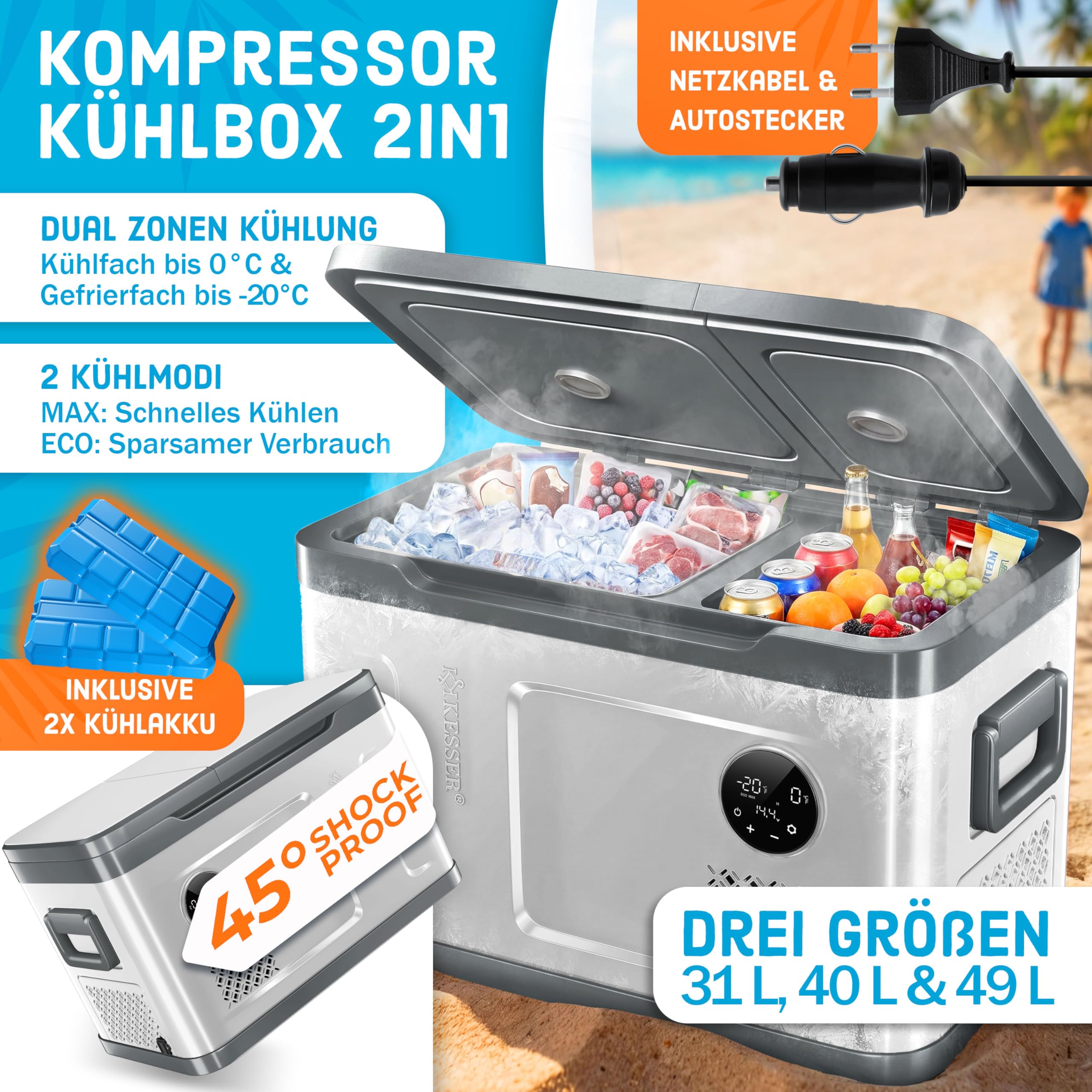 KESSER Kompressor Kühlbox 2in1 Doppelzone Kühl & Gefrierfach elektrische Gefrierbox -20°C 12/24V 230V Camping Auto Lkw