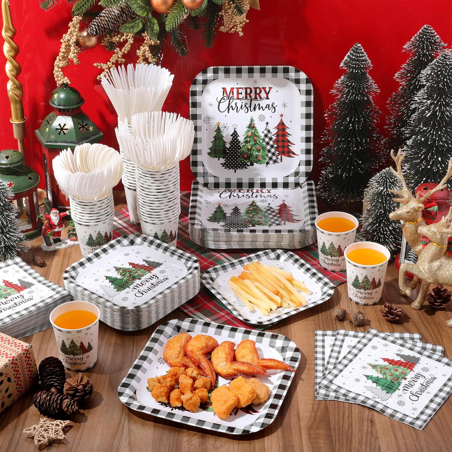350 Pcs Christmas Party Supplies Christmas Tree Hanging Ball Party Tableware Set Square Paper Plates Disposable Napkins Cups Plastic Cutlery for Xmas Holiday Serves 50 Guests (Xmas Plaid Tree)