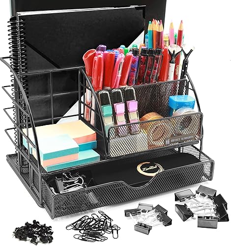 Organizador de escritorio negro para hombres exclusivo organizador grande de suministros de metal recubierto de malla 7 en 1 con soportes para