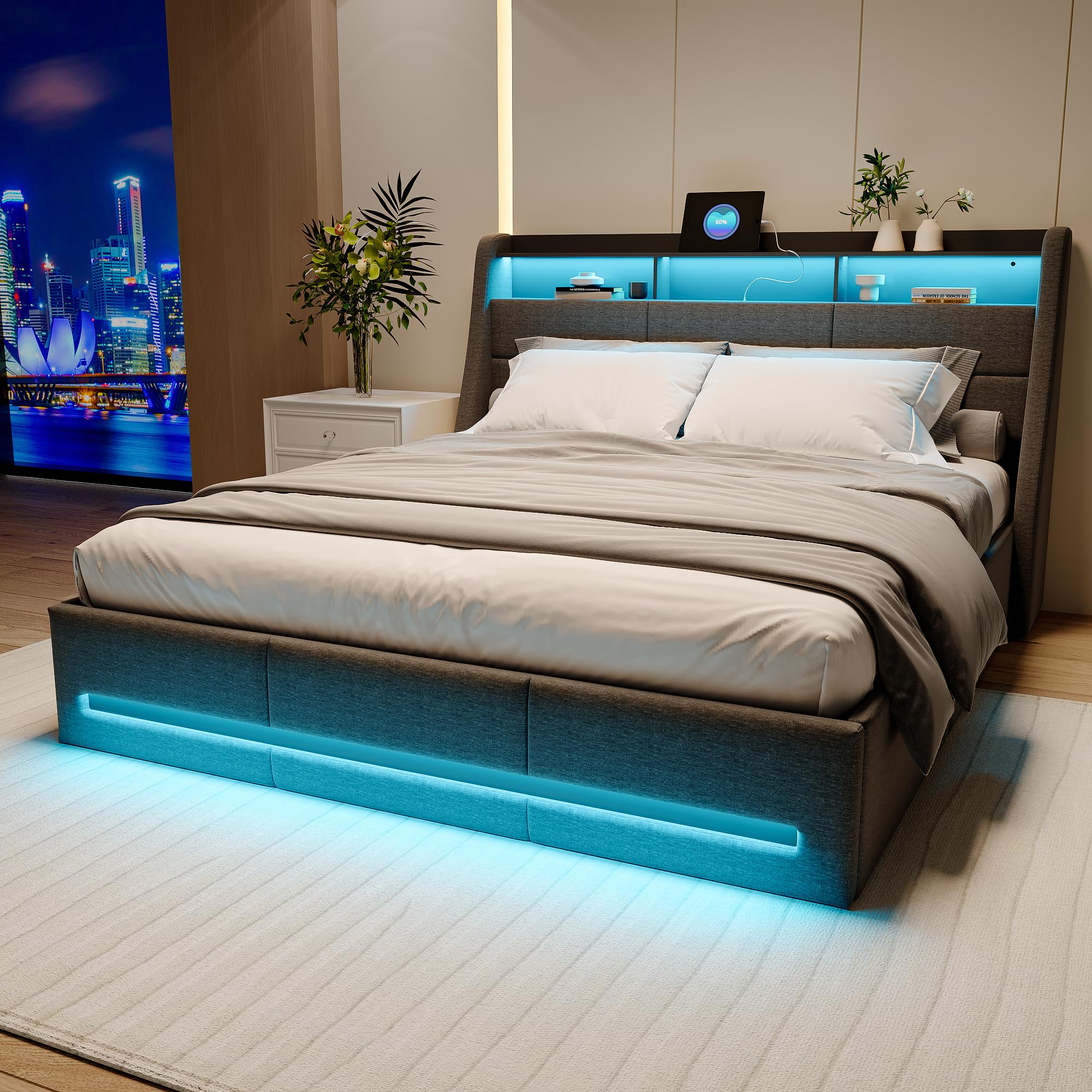 Letto baule 140 x 200 con LED, letto imbottito LED idraulico con porta USB letti imbottiti con cassapanca letti matrimoniali con contenitore (grigio+lino-1, 140 x 200)
