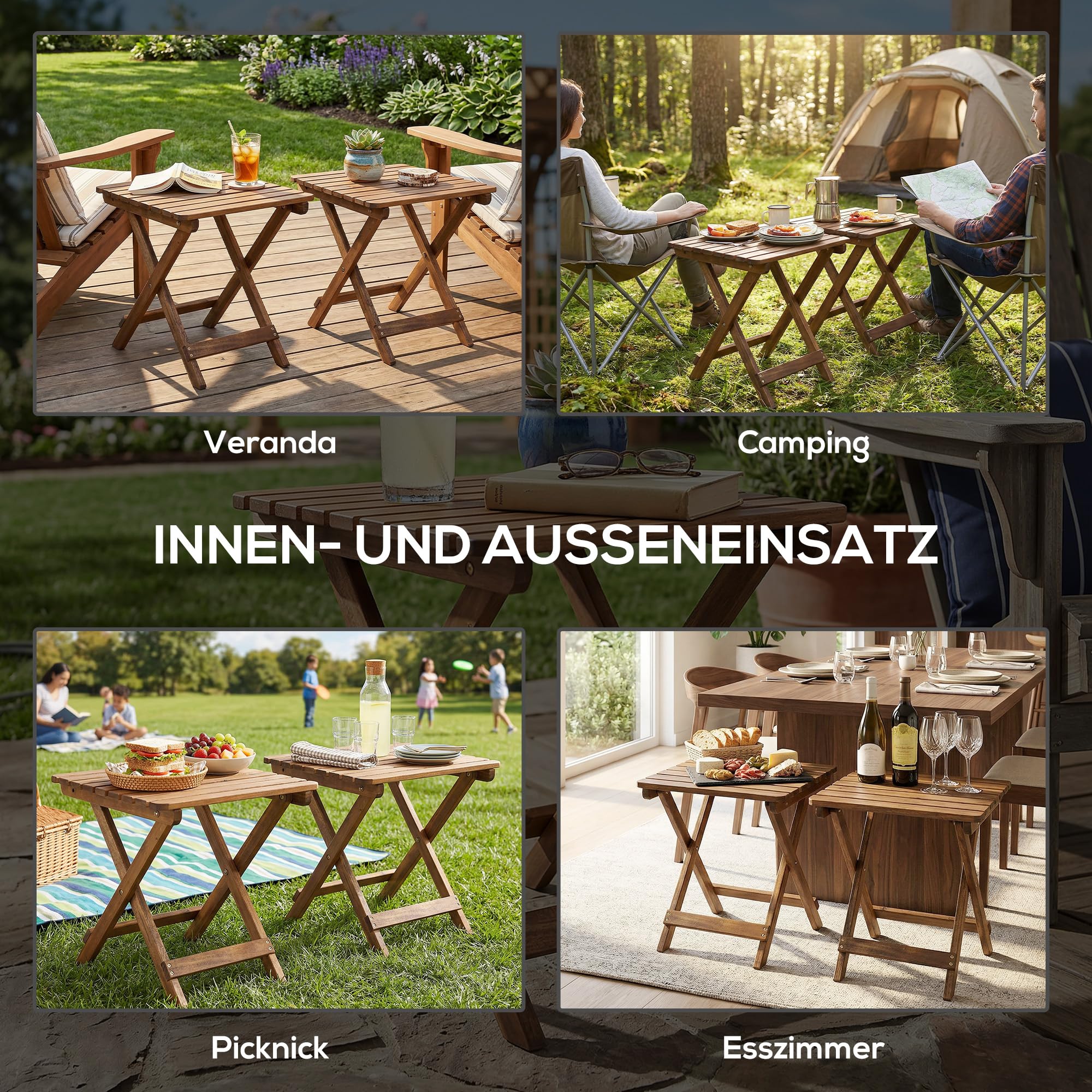Outsunny Lot de 2 tables d'appoint d'extérieur pliables en bois pour jardin, balcon, teck, 45 x 45 x 45 cm