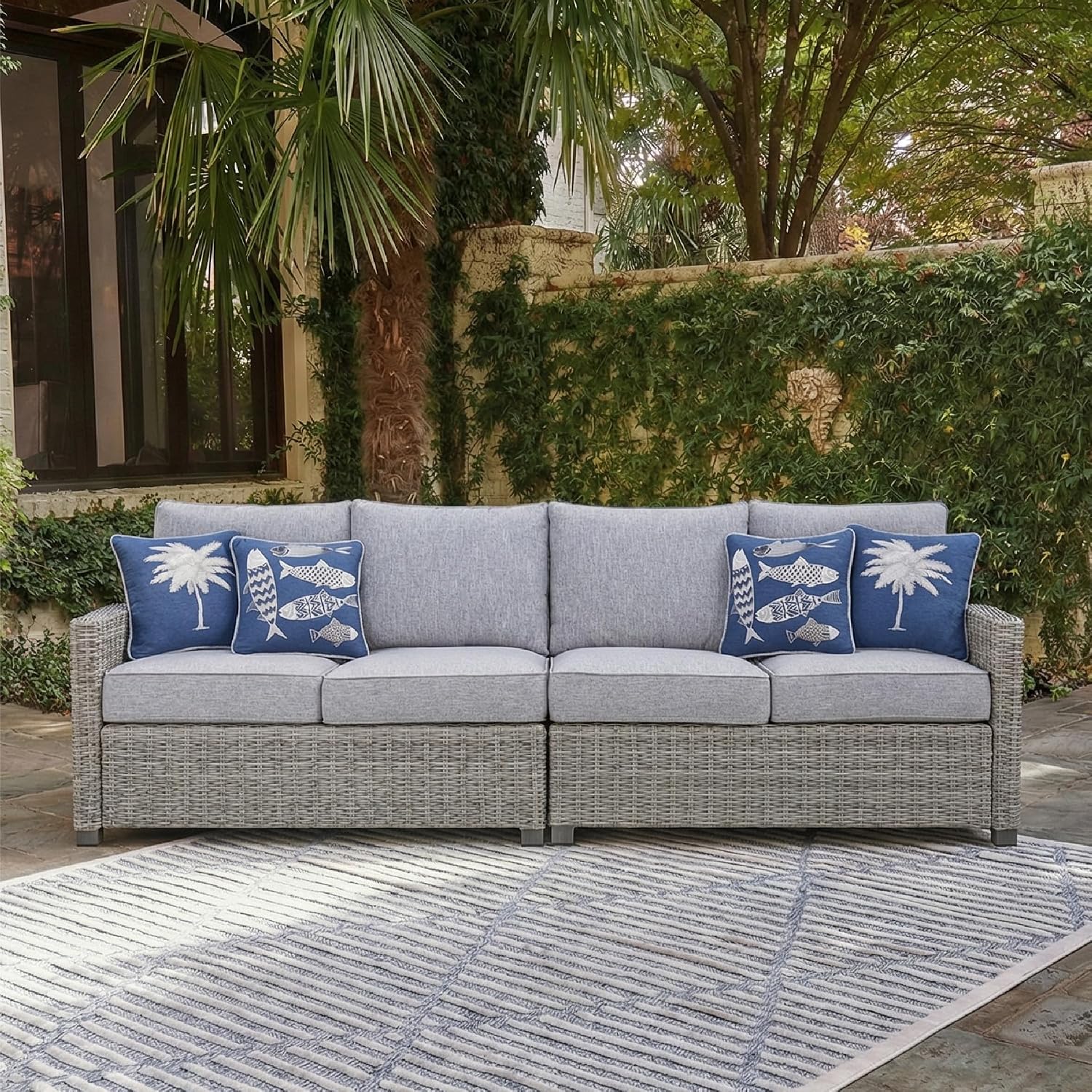 Signature Design by Ashley Naples Beach Casual Outdoor Right and Left-arm Facing Loveseat with Cushion and 4 Throw Pillows, Set of 2, Nuvella Weather Resistant Fabric, Light Gray