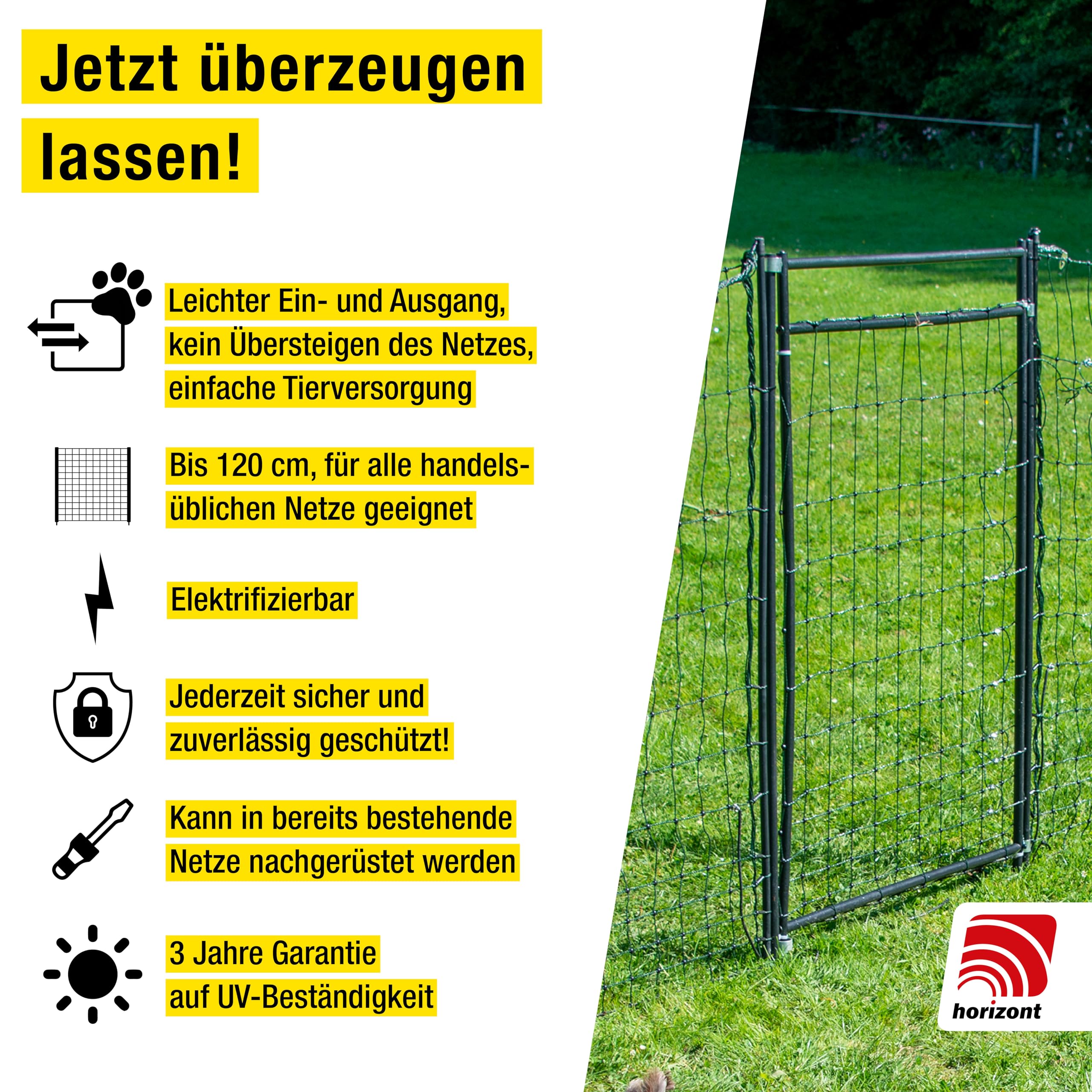 horizont Hotgate Weidetor – Tor für Weidezaun 105-120 cm Höhe, elektrifizierbare Zauntür mit 86 cm breitem Durchgang, Schafzaun Tür, stabiles Weidezaun Tor, Gartenzaun Tür mit Stromführung
