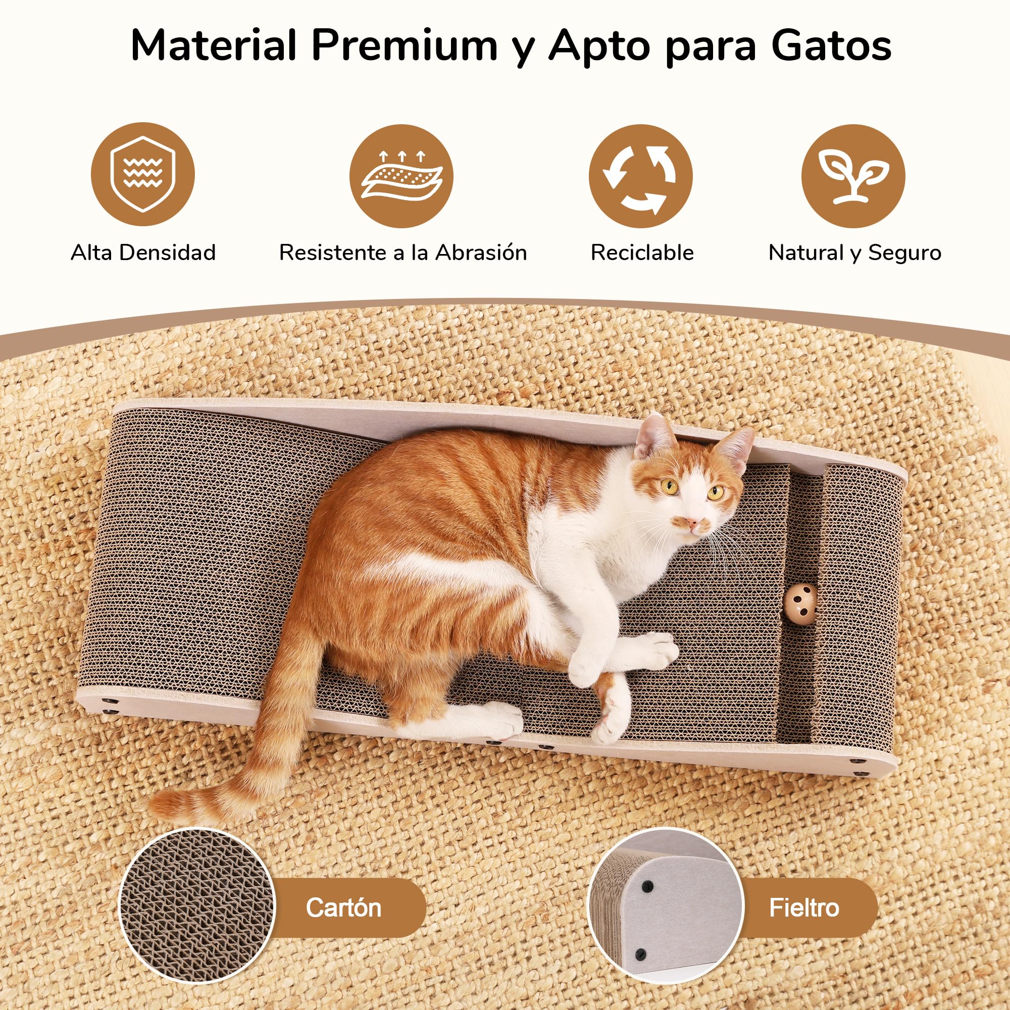 FUKUMARU Rascador para Gatos, 74 cm, cartón y Fieltro Resistentes, Gran Superficie para tumbarse, rascador reciclable de cartón Ondulado con Pelota, Camello