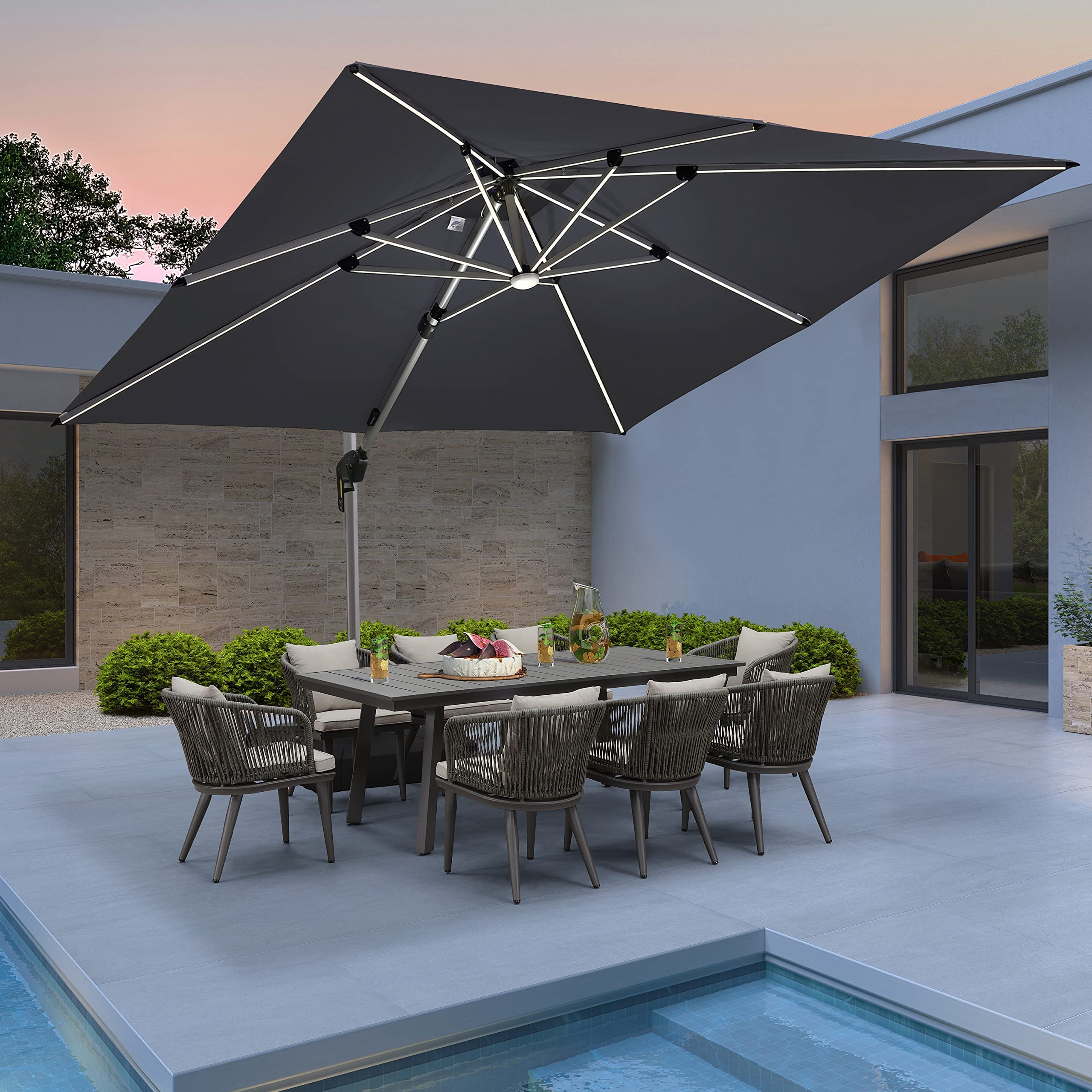 PURPLE LEAF 3 X 3 M Garden Cantilever Parasol with Led Solar Lights Bar, Large Square Overhanging Patio Umbrella with Crank Handle and Tilt for Balcony and Outdoor, Grey