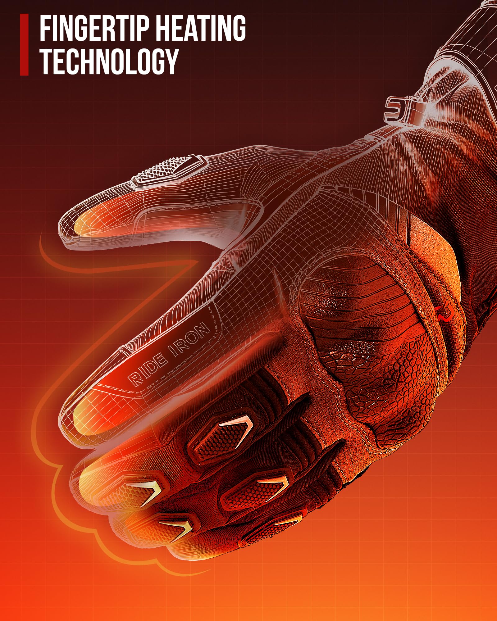 RIDEIRON Beheizbare Motorradhandschuhe, CE Level 1 KP, Touchscreen | Fingerspitzenheizung, 3 Stufen, Smart-Modus, 7,4-V-Akku, wasserdicht für Motorrad und Winterfahrten, Modell: MG7501H