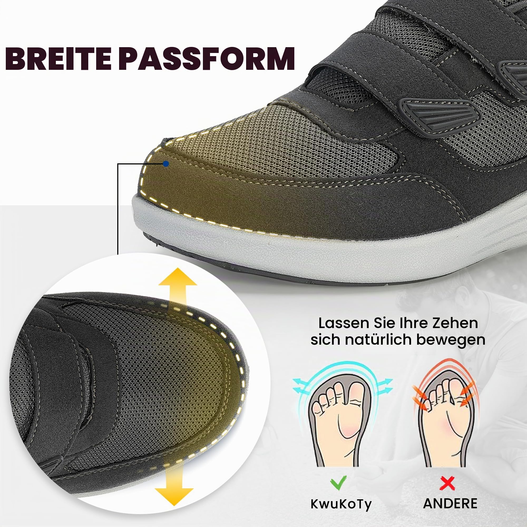 Diabetiker-Schuhe für Herren, verstellbare Sneaker, schnürfrei, Plantarfasziitis, Ödeme, geschwollene Füße, Ballenzehen, weite Größe 39-47