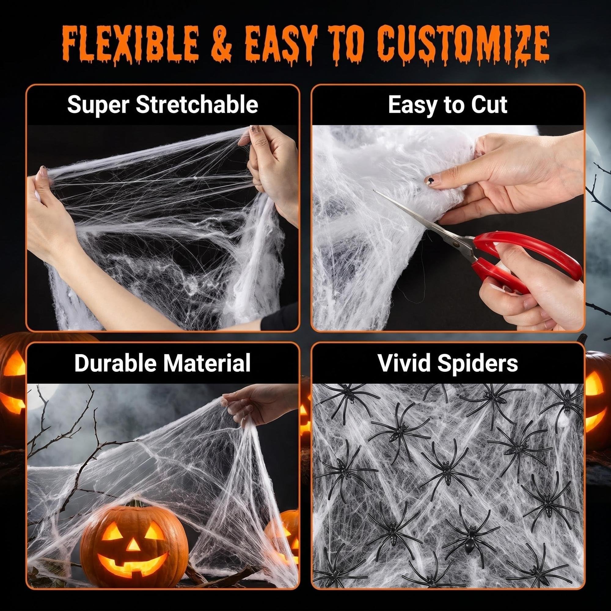 MAQIHAN Pajęczyny o powierzchni 1100 m2, dekoracje na Halloween, pajęczyny, dekoracje na Halloween, pajęczyny, dekoracja z 40 sztucznymi pająkami, super rozciągliwe pajęczyny, dekoracja na imprezę