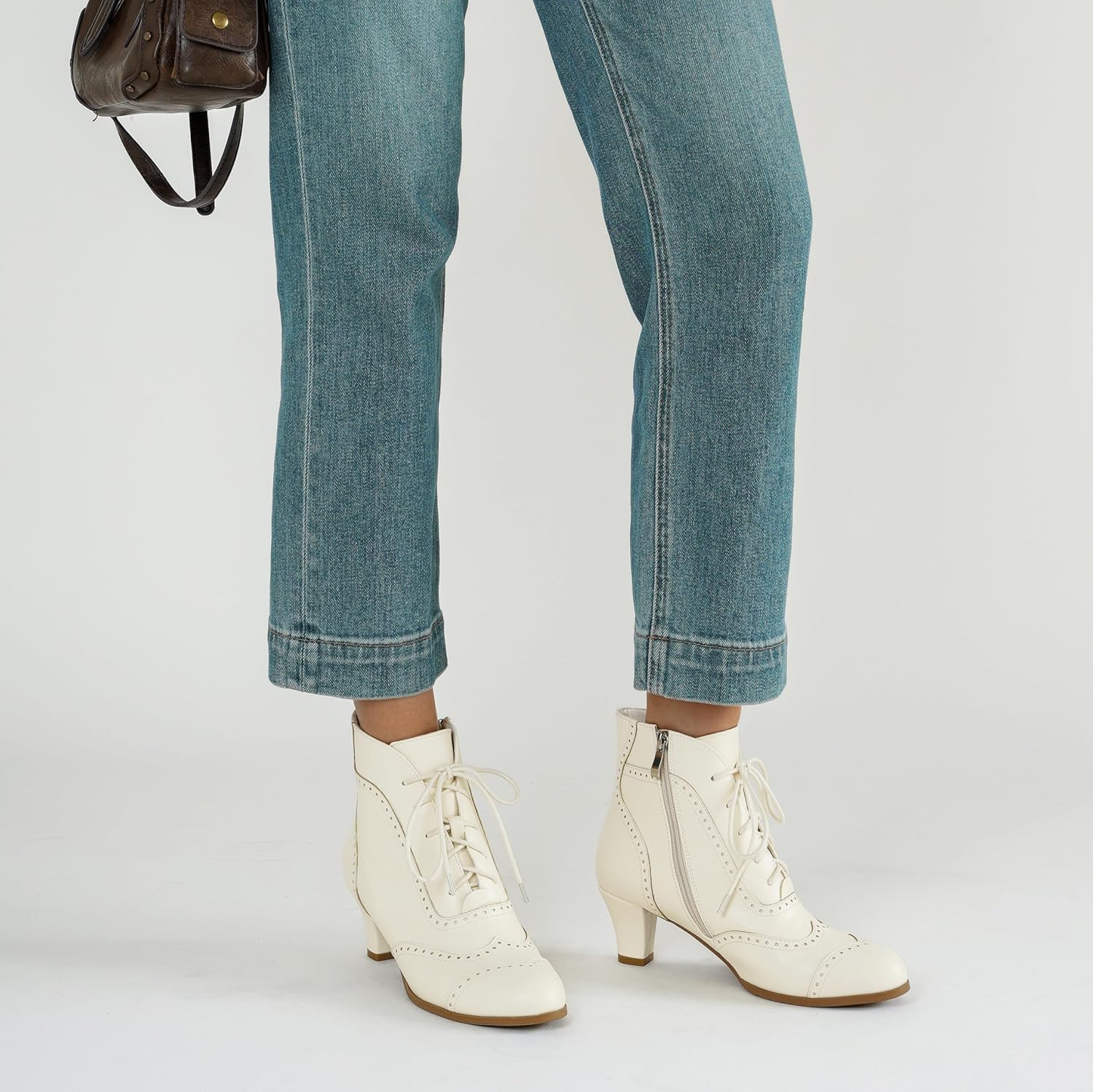 Short Ankle Boots Lace Up Booties for Women Side Zipper Victorian Boots Block Chunky Mid Heel - Image 2