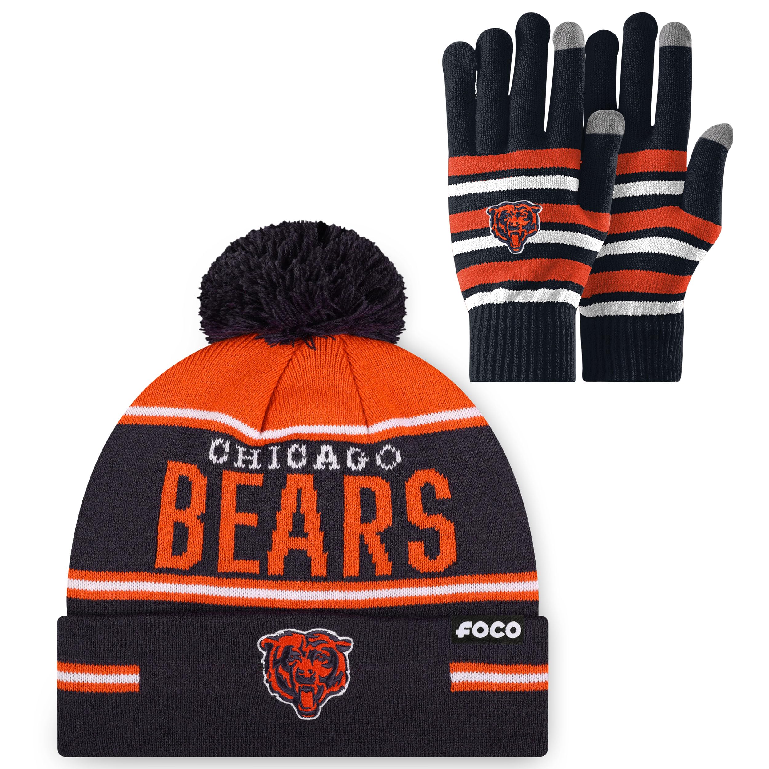 FOCO NFL unisex-adult Nfl Team Logo Adult Stretch Gloves With Big Wordmark Strip Pom Knit Hat Beanie Set