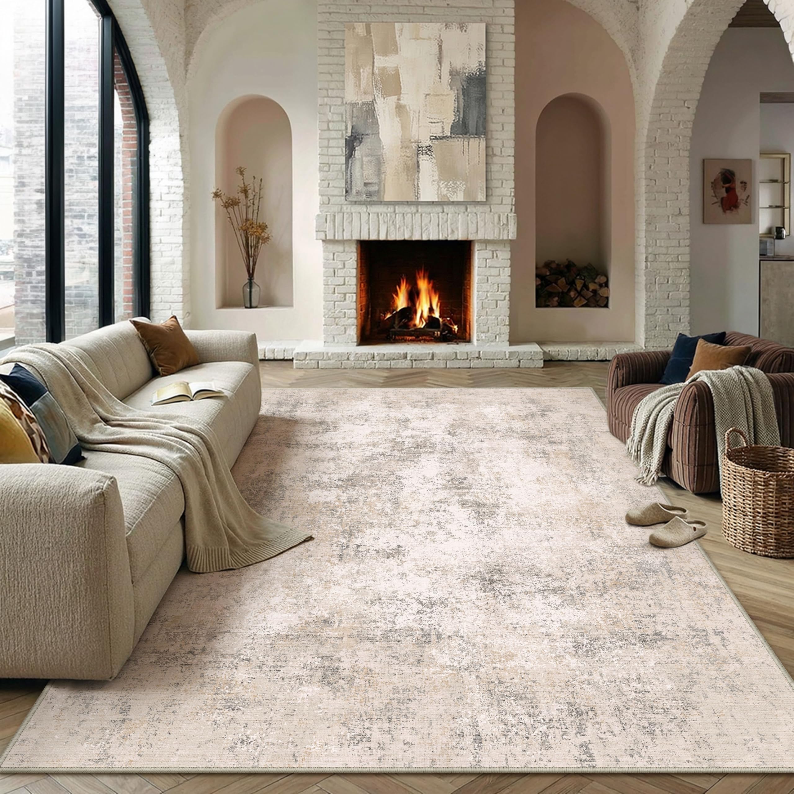 PureCozy Beige Abstraktes Teppich Wohnzimmer 240x300 cm, Vintage Waschbarer Teppiche rutschfest für Schlafzimmer Balkon LäUfer KüChe Esszimmer BüRo Flach, Modern Indoor Weicher Kurzflor Carpet