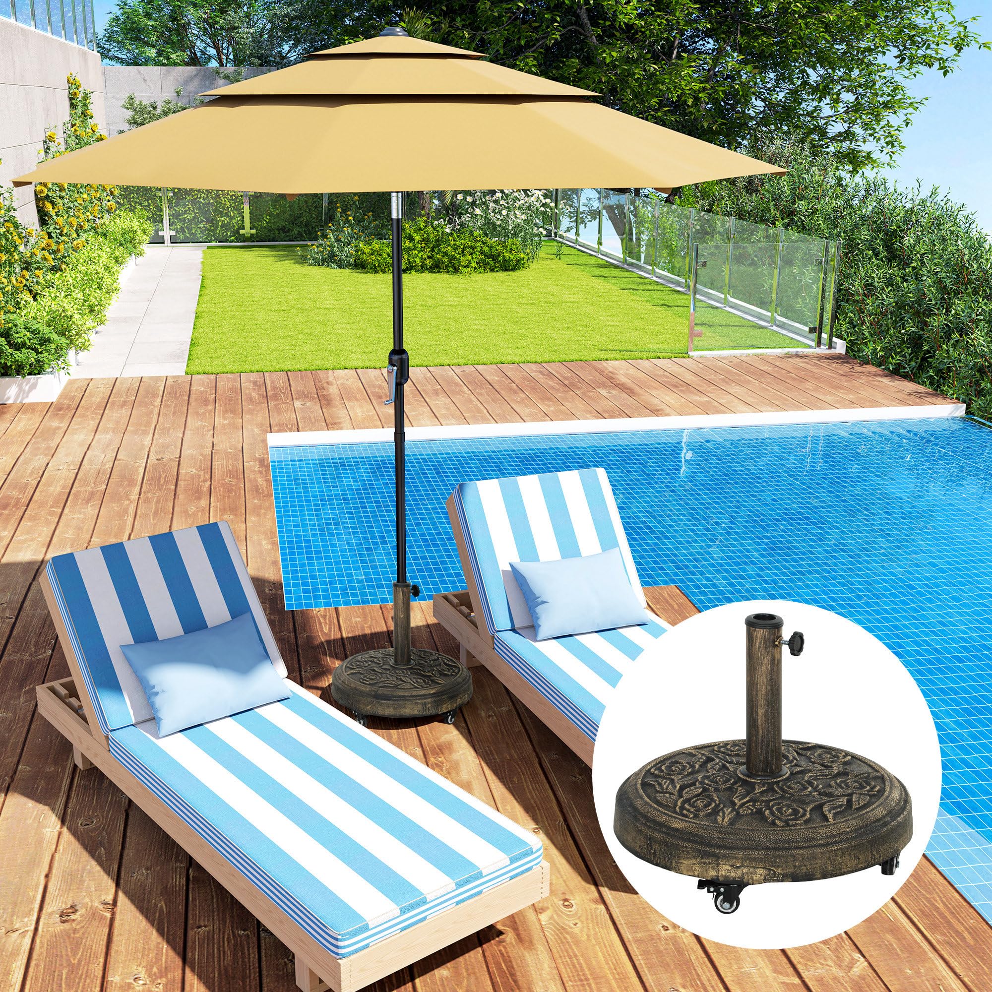 Outsunny Base per Ombrellone Rotonda da Esterno 21 kg con Ruote Bronzo | Basamento in Resina, Supporto per Ombrelloni da 32mm/38mm/48mm, per Giardino, Terrazza, Piscina