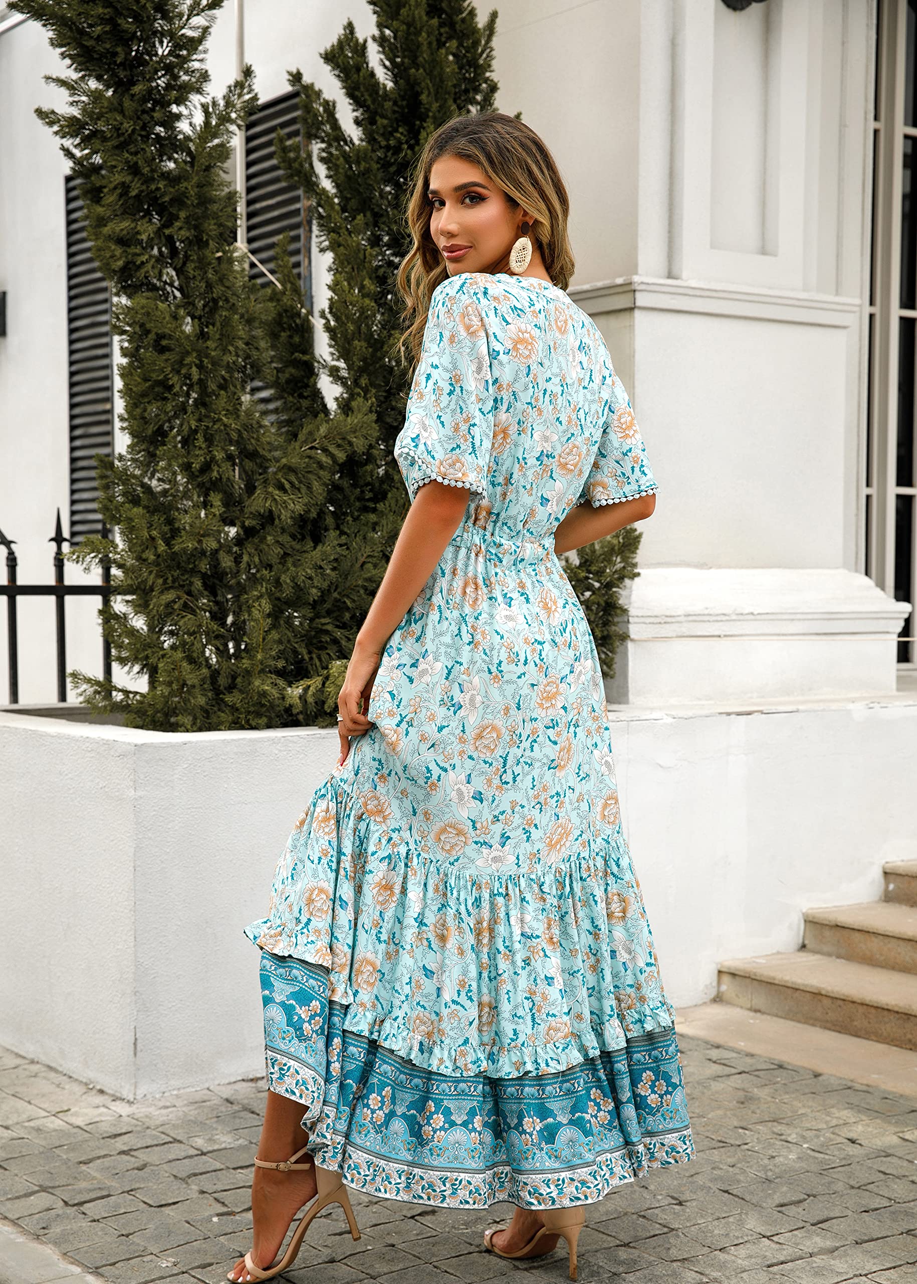 R.Vivimos Abito Boho Estivo Donna Abito Sexy Scollo a V Bottoni Manica Corta Vestito Elegante con Volant Orlo Abito Lungo Maxi da Spiaggia Casual per Le Vacanze(L,Blu Turchese-Floreale)