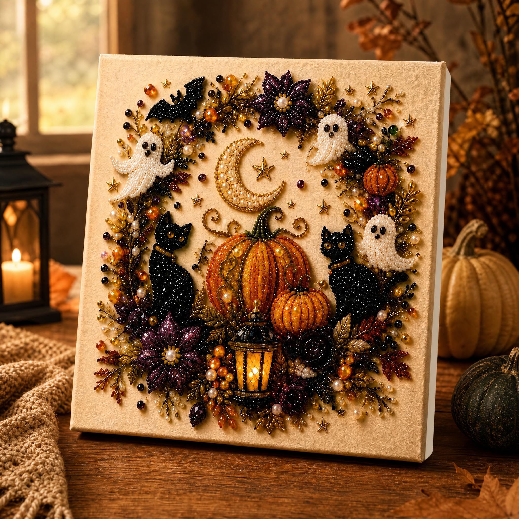 DOLLGIFT Halloween Diamond Pearl Art Kits for Adults, Spooky Cute 3D Pearl Diamond Painting Crafts, Beginner DIY Seasonal Party Gift for Adult Craft Lover,Pumpkin