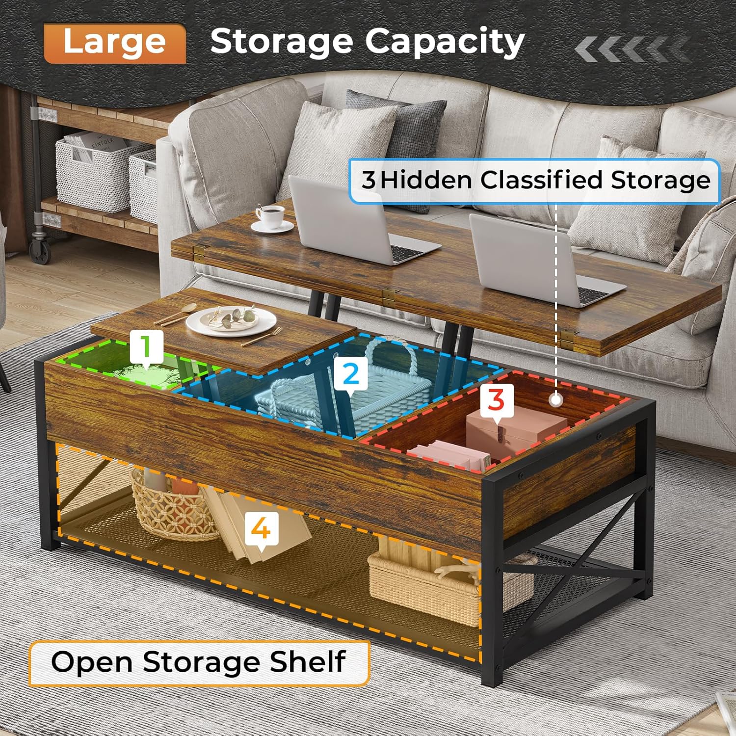 Itaar lift top coffee table with the top lifted, revealing three classified hidden storage compartments and an open storage shelf below.