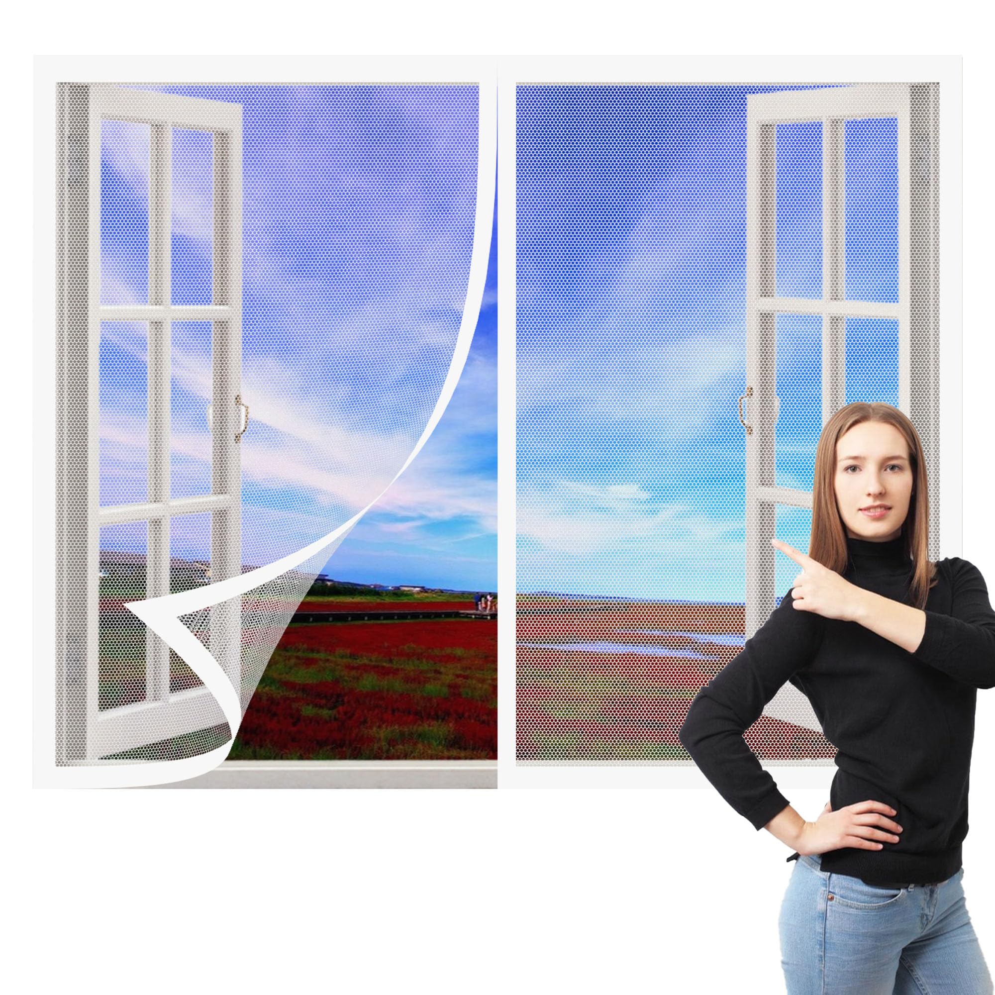 Window Fly Screen 175 x 165 cm Prevents Insects Flies Mosquitoes from Entering The Room Magnetic Window Screen Insect Mesh Custom Size for Living Room Bedroom Offfice, White