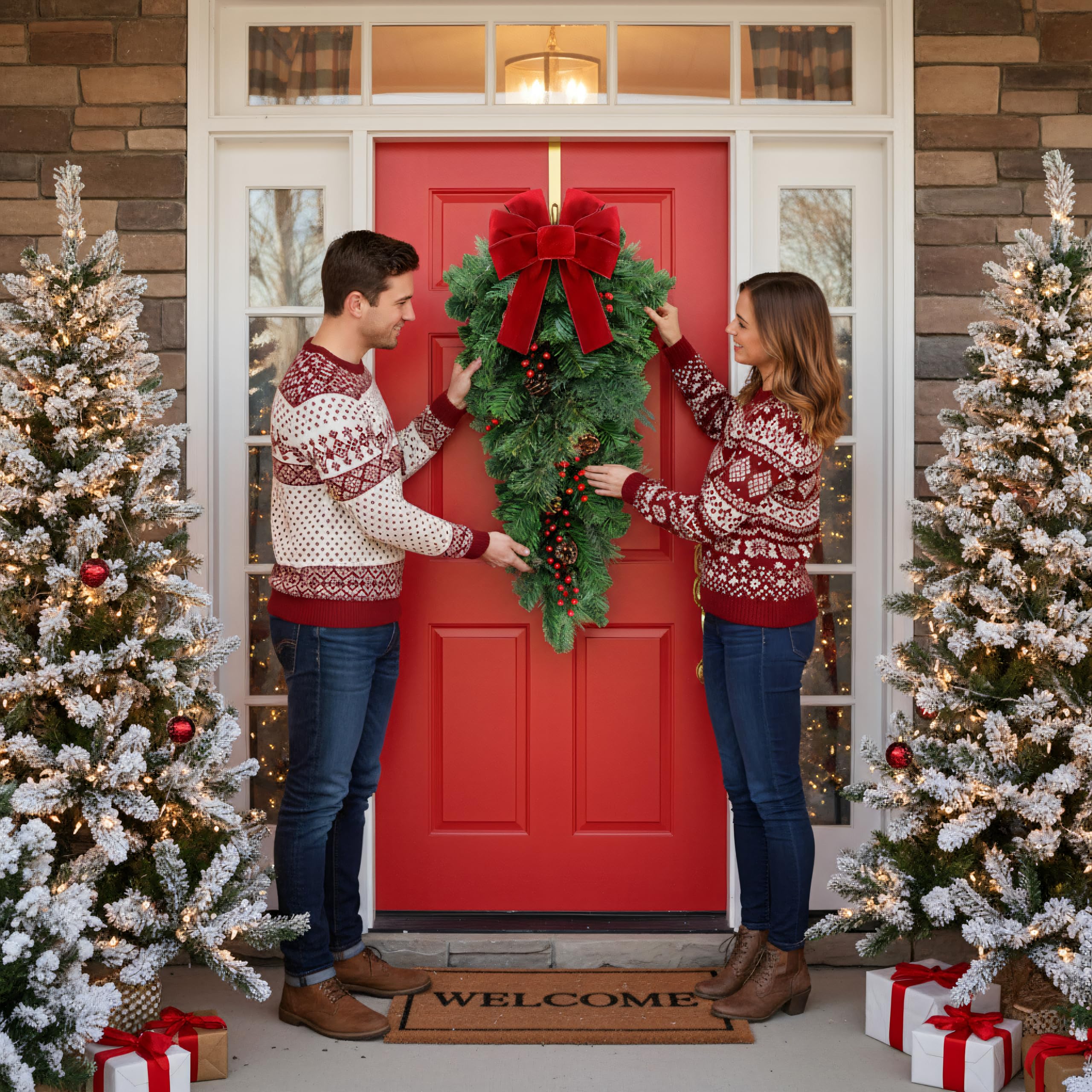 2 Pack 36 Inch Large Christmas Teardrop Swags Artificial Pine Teardrop Swags with Red Berries Pine Cones and Bow for Christmas Front Door Stairs Fireplace Holiday Outdoor Indoor Decor