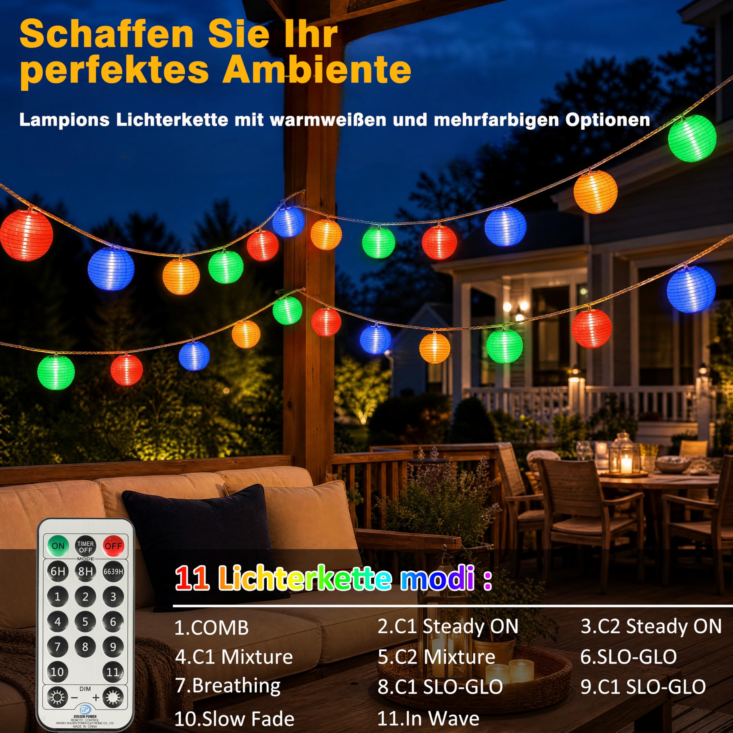 StarryEver 20M LED Lampions Lichterkette Außen Strom, Warmweiß und Bunt 11 Modi Lampion Lichterkette mit Fernbedienung, 80 LED Chinesische Laternen Beleuchtung Lichterketten Draußen für Patio Balkon