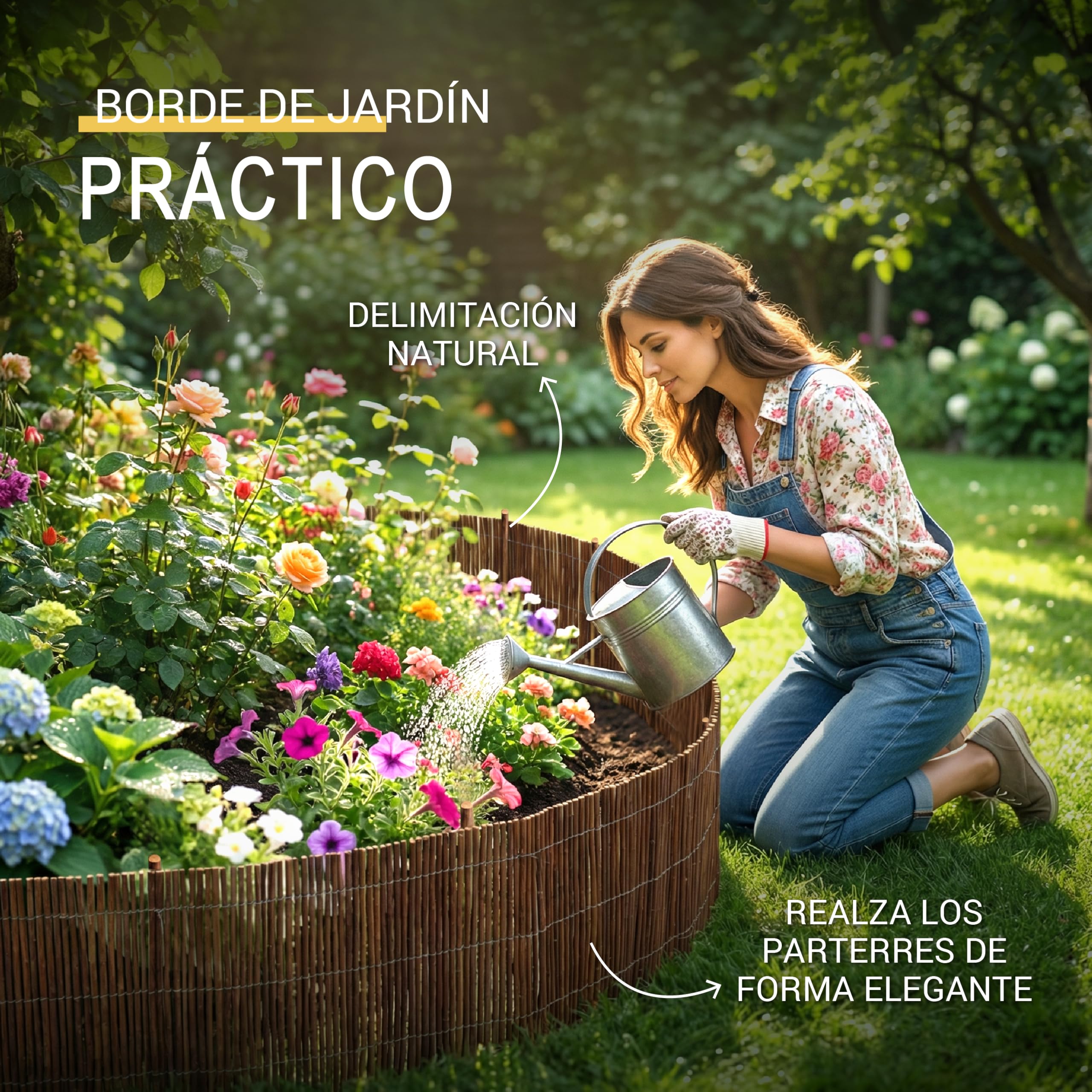 Sol Royal Bordura Jardin Exterior de Mimbre 40 cm Alto – Vallas Jardin Flexible con 7 Estacas y 14 Bridas – Borde Exterior Separador 40x300 cm – WB79