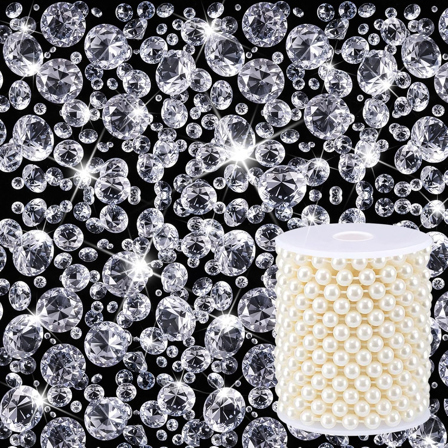 Suncalla 801 Pcs Crystal Rhinestone with Pearl Chain Trim Vase Fillers Multi Size Fake Diamond Acrylic Gems Crystal for Table Decoration Jewelry Clothe DIY Crafts Wedding Party Decor