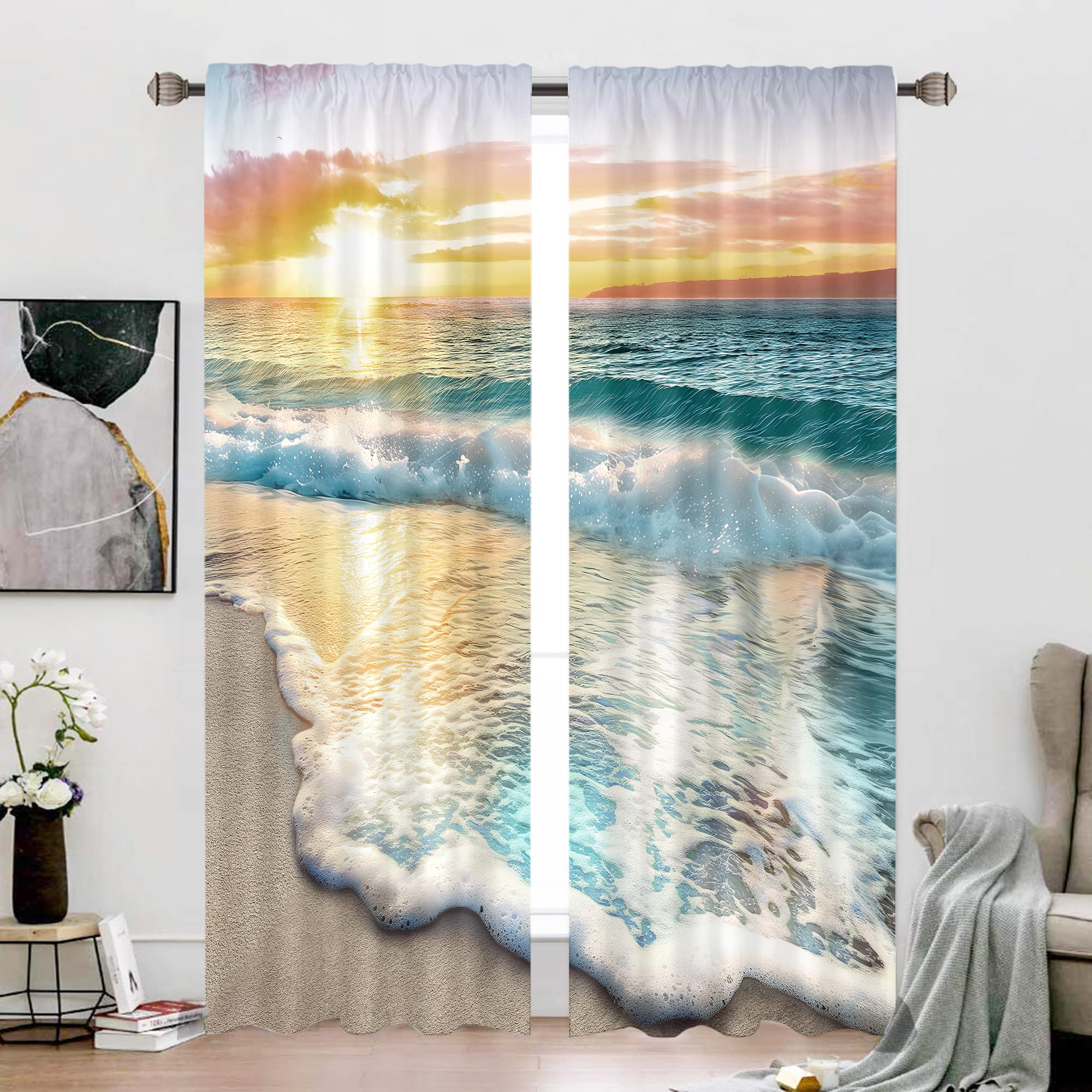 Cinbloo Ocean Curtains for Living Room Beach Scenic Decor Rod Pocket Coastal Seaside Sunrise Hawaiian Sea Wave Seashore Nautical Printed Bedroom