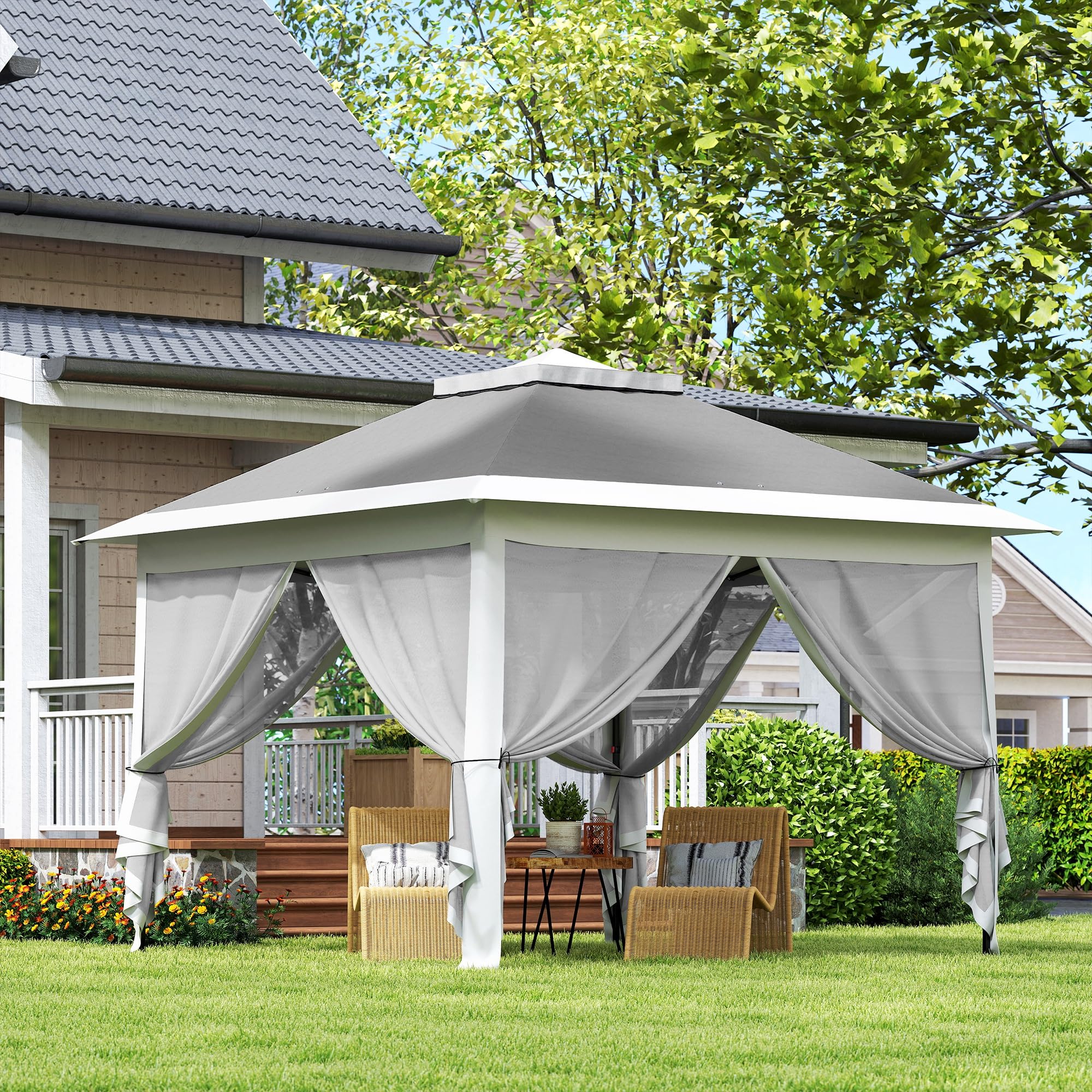 Outsunny Pavillon 3,3x3,3m Pop-up Faltpavillon Wasserabweisend Dunkelgrau