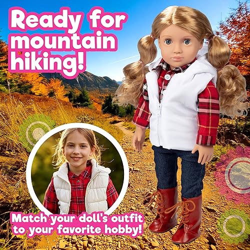 Miniatura 6 de Conjunto de 4 piezas de muñeca de senderismo para otoño e invierno al aire libre, incluye camisa de franela, chaleco, jeans con cinturón y botas,