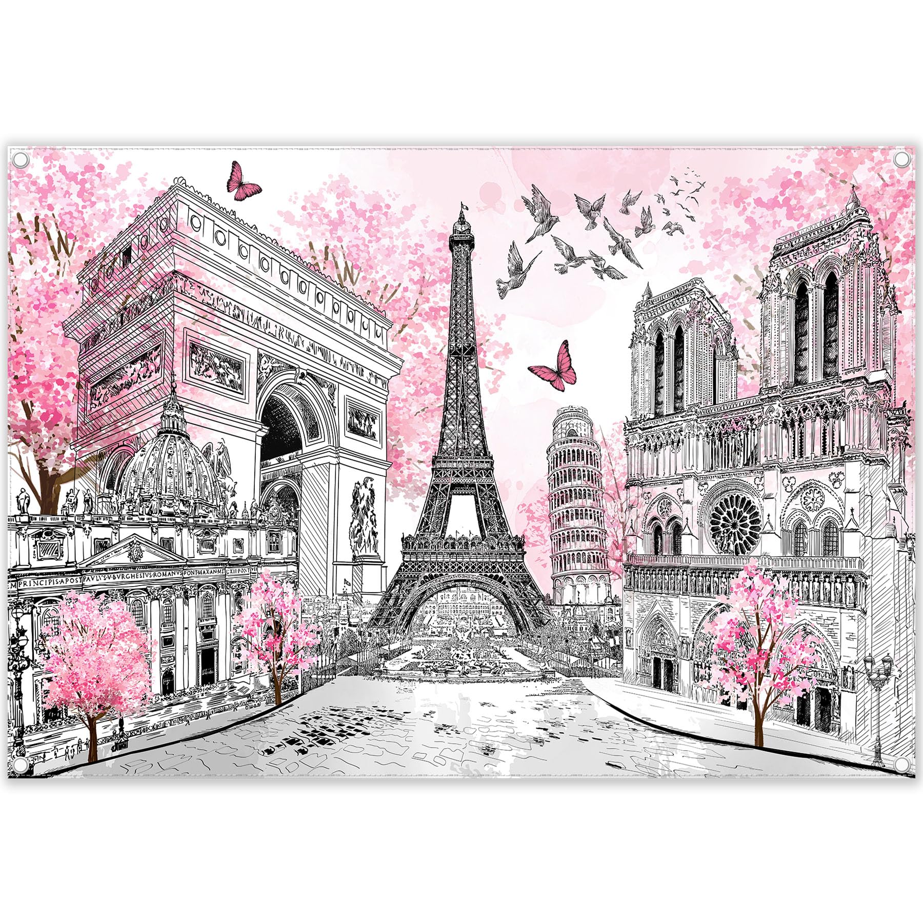 Swepuck 7x5ft Fabric Eiffel Tower Backdrop Paris Landscape Photography Background European City Pink Flowers Trees Party Decorations Photo Booth Props