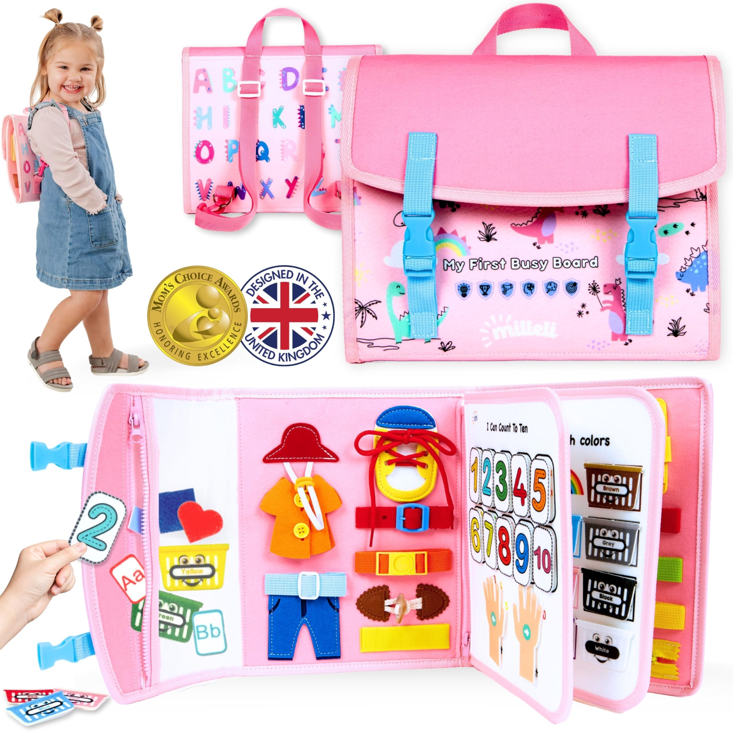 Mom's Choice Award Winner - Montessori Busy Board for Toddlers 2-4 -Toddler Busy Board Backpack Travel Toy, Fine-Motor skills, Alphabet, Numbers, Shapes, Colors - Sensory Busy Book for Toddlers 1-3