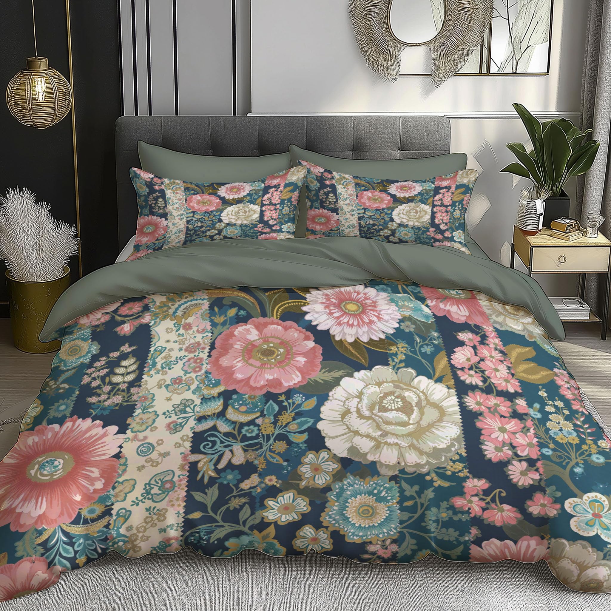 Parure couette 140x200 anti-plis en microfibre bleu poudre style ferme rurale patchwork