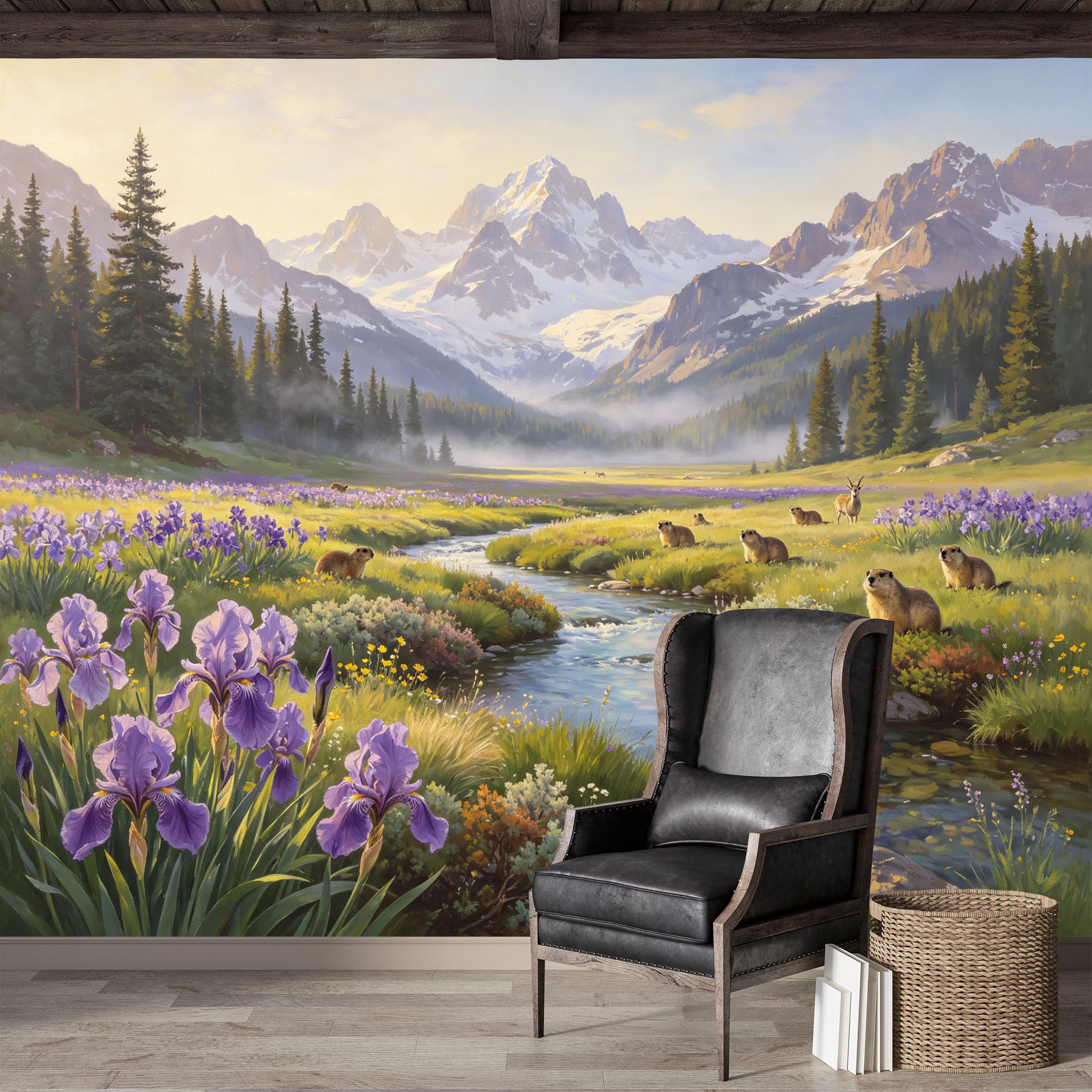 Custom Size Wall Mural,Alpine Meadow Stream Iris Wildlife Oil Painting Premium Water Activated SelfAdhesive Wallpaper,Removable Wall Covering,Easy DIY Install Wall Art for Indoor Home Decor