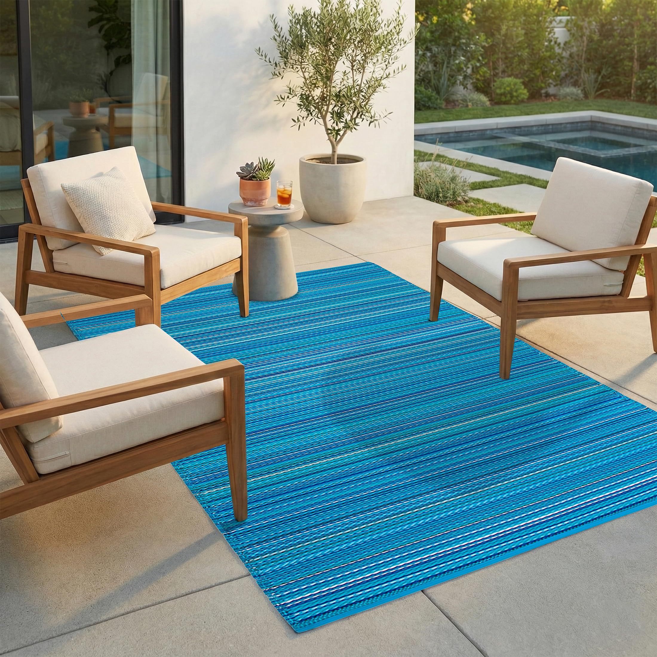FH Home Outdoor Rug - Waterproof, Fade Resistant, Crease-Free - Premium Recycled Plastic - Striped - Patio, Deck, Porch, Balcony, Laundry Room - Havana - Turquoise Crease Free - 4 x 6 ft