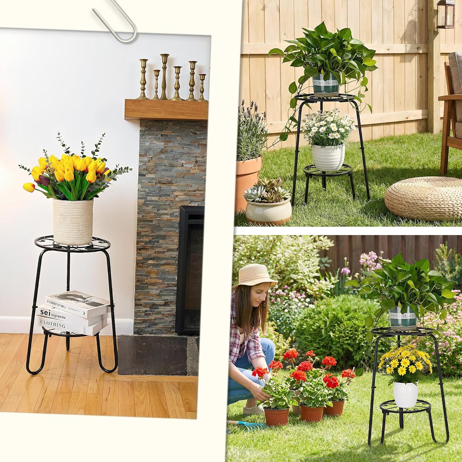 2 Tier Metal Plant Stand, Anti-Rust Iron Flower Pot Holder, Side Table for Indoor Outdoor Patio Sofa