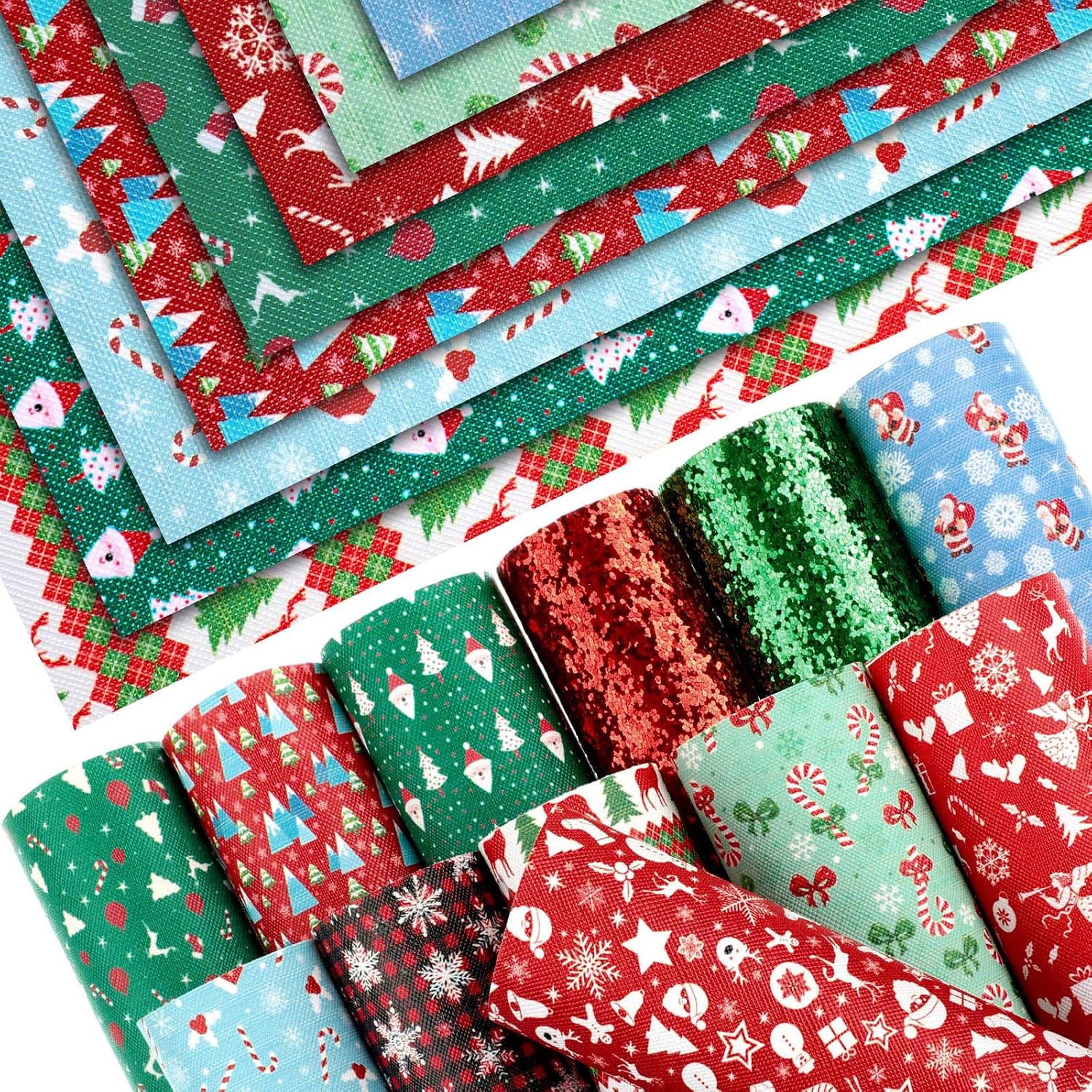 Syhood 12 Pieces Christmas Faux Leather Sheets Christmas Pattern Synthetic Glitter PU Fabric Santa Claus Printed Faux Leather Sheets for Handmade Crafts, 6.3 x 8.3 Inch image 4