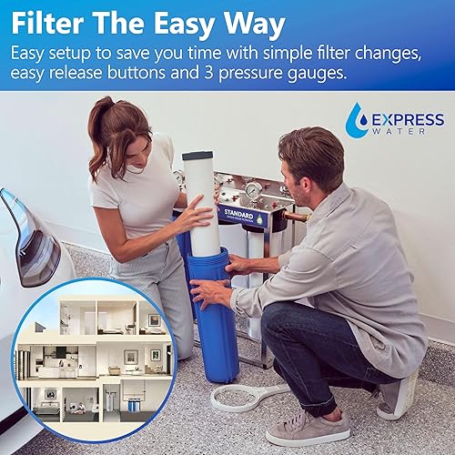 Miniatura 5 de Express Water Sistema de filtro de agua para toda la casa, sistema de filtración de agua de 3 etapas con filtros de sedimentos, GAC y carbono,