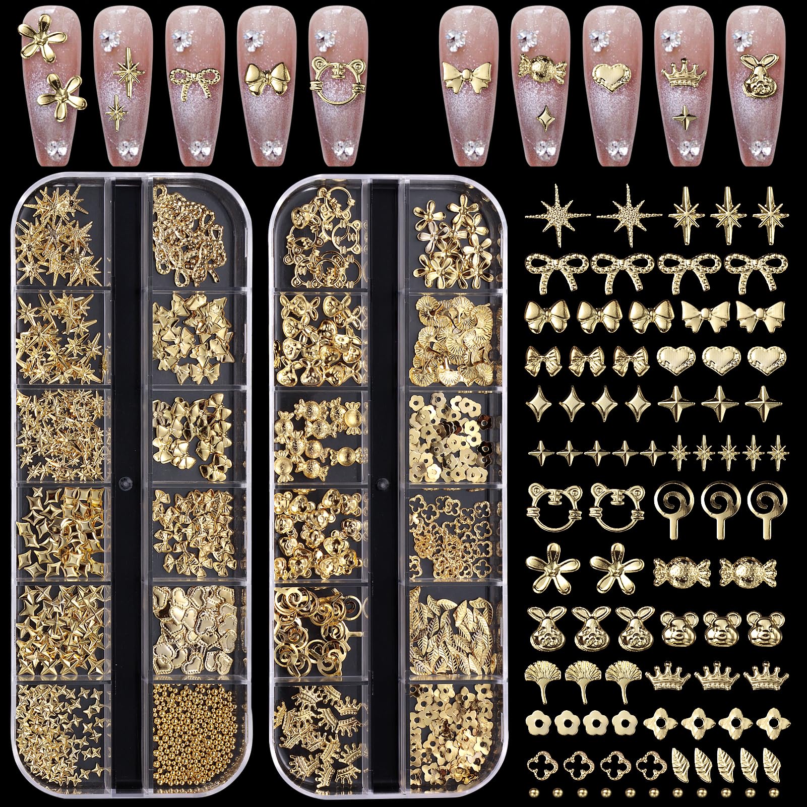 2 Boxes 3D Gold Nail Charms, Assorted Bow Bowknot Heart Star Alloy Nail Studs, Flower Crown Candy Metal Shiny Nail Jewelry, Luxury Rivet Nail Charms