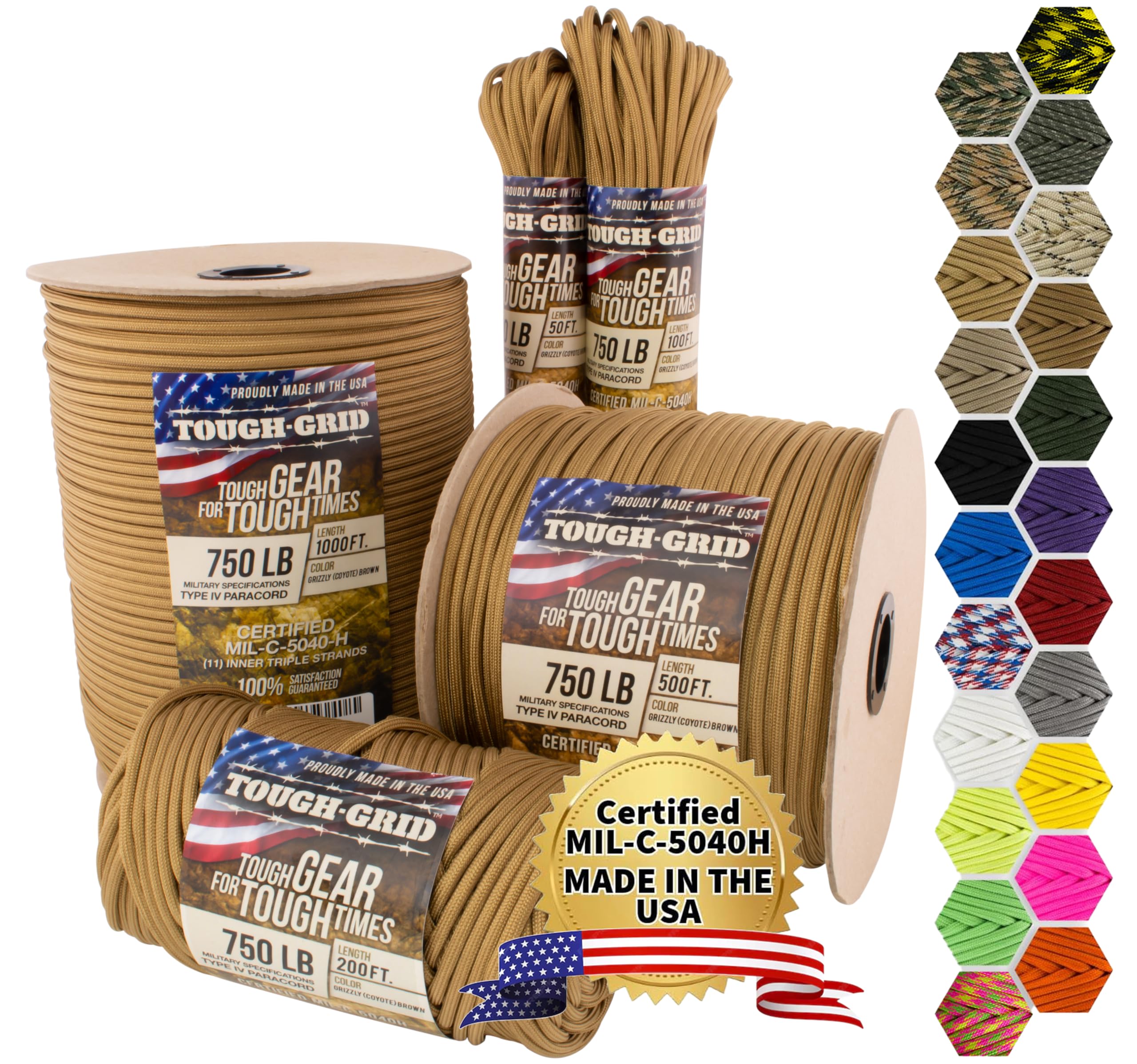 TOUGH-GRID 750 lb Grizzly (Coyote) Brown Paracord/Parachute Cord - Genuine Mil Spec Type IV 750 lb Paracord Used by The US Military (MIl-C-5040-H) - 100% Nylon - 200 ft - Grizzly Brown — image 1