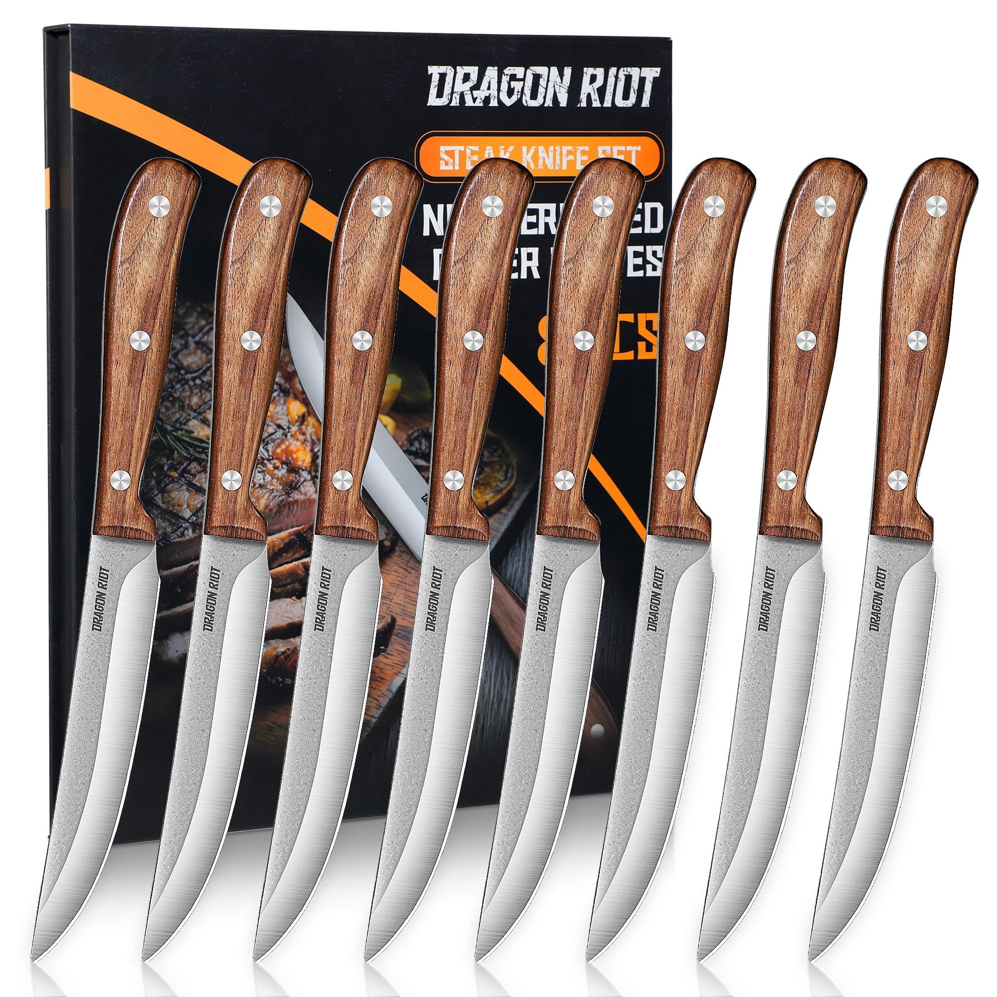 DRAGON RIOT Steak Knives Set of 8, Ultra Sharp Steak Knife Set Japanese VG-10 Stainless Steel Non Serrated Steak Knives Full Tang Wood Handle with