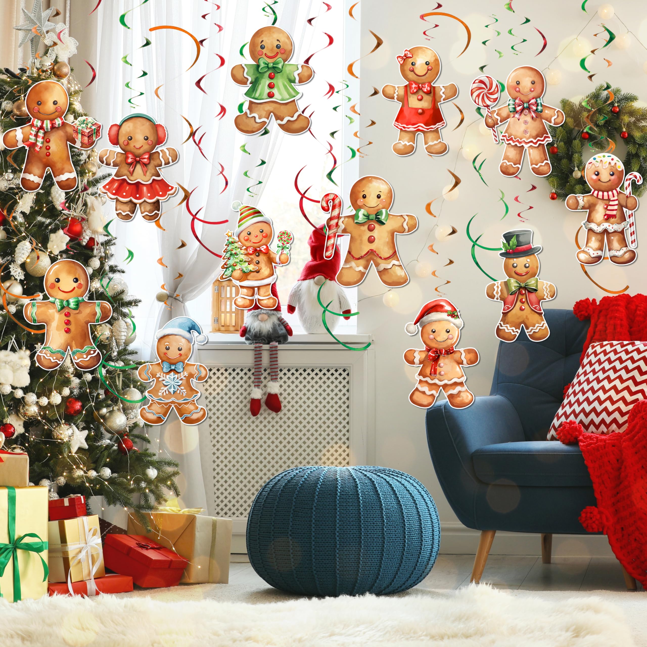Fayoo 54 piezas de remolinos colgantes de Navidad para colgar en el techo de pan de jengibre, adornos de Navidad, recortes rojos y blancos, decoración para fiestas de Navidad, vacaciones, invierno,