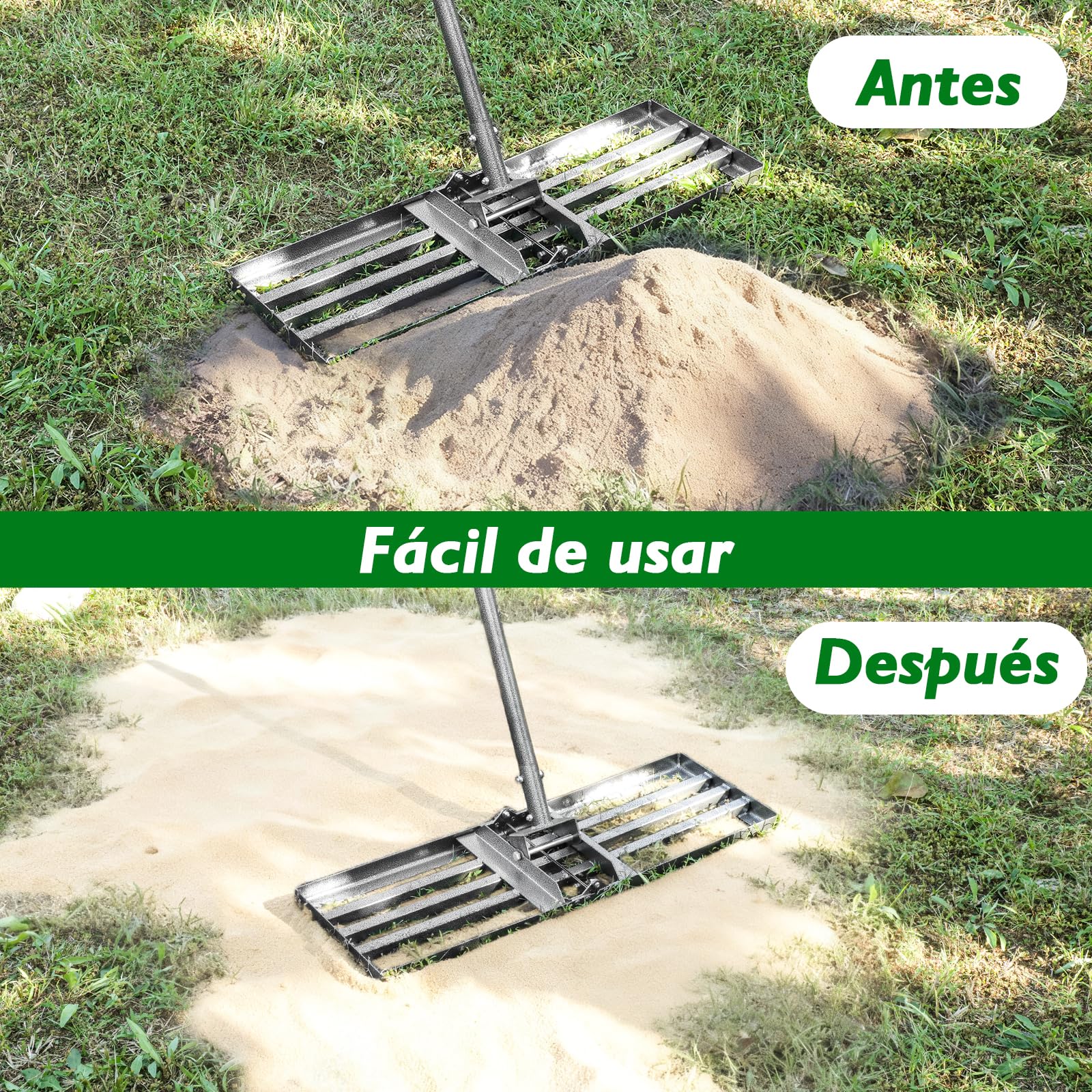 Rastrillo Nivelador de Césped 76x25 cm | Mango Ajustable de 185 cm | Rastrillo de Nivelación Pesado y Resistente | Para Nivelar Tierra, Arena y Césped | Ideal para Jardín, Césped y Campo de Golf