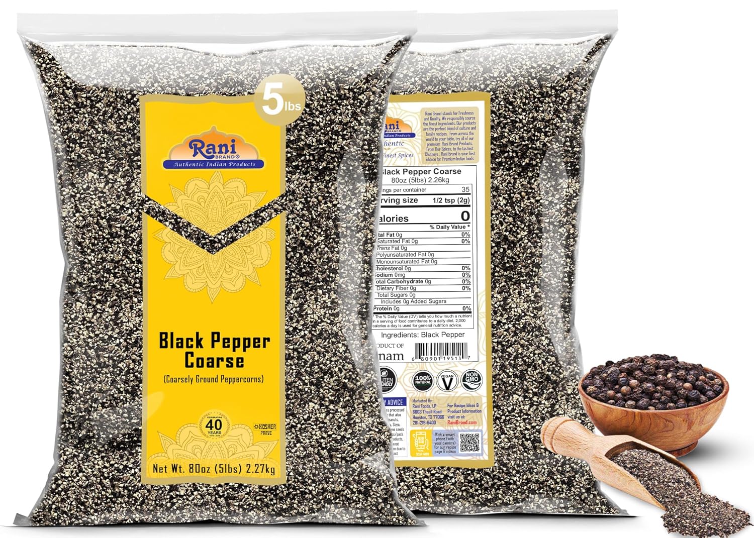 Rani Black Pepper Coarse Ground 28 Mesh (Table Grind) 80oz (5lbs) 2.27kg Bulk ~ All Natural | Vegan | Gluten Friendly | NON-GMO | Kosher | Product of Vietnam
