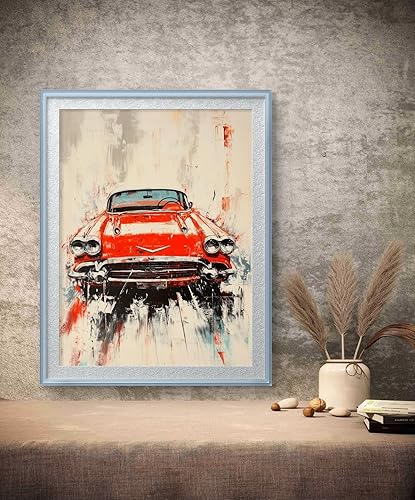 Retro red car print painting for man cave decor, vintage auto style framed wall art poster with bold colors and a distressed, retro look.