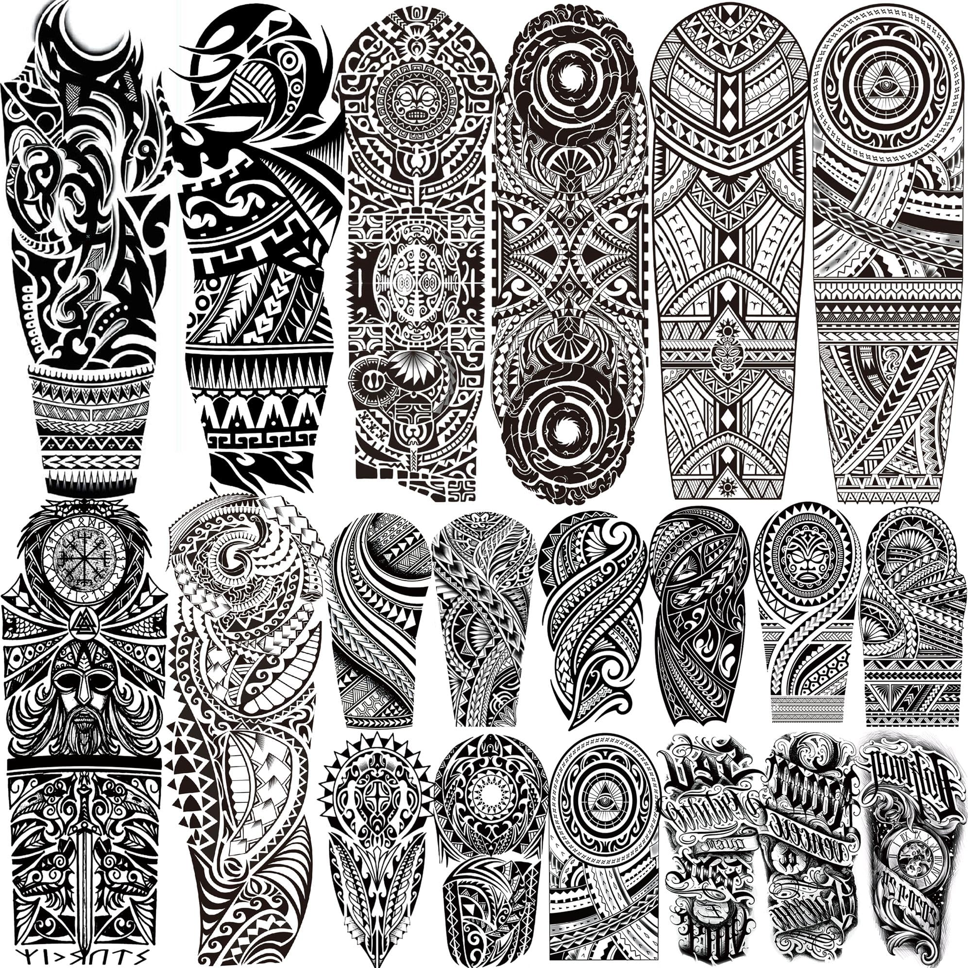 20 Sheets Maori Totem Full Arm Temporary Tattoos For Men Women Thigh, Warrior Dragon Sleeve Tattoos For Adults, Long Lasting Black Temp Bulk Halloween