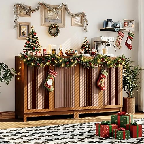 SUNBURY Armario estriado con almacenamiento, gabinete de acento moderno de mediados de siglo con 2 puertas, aparador buffet con estantes ajustables