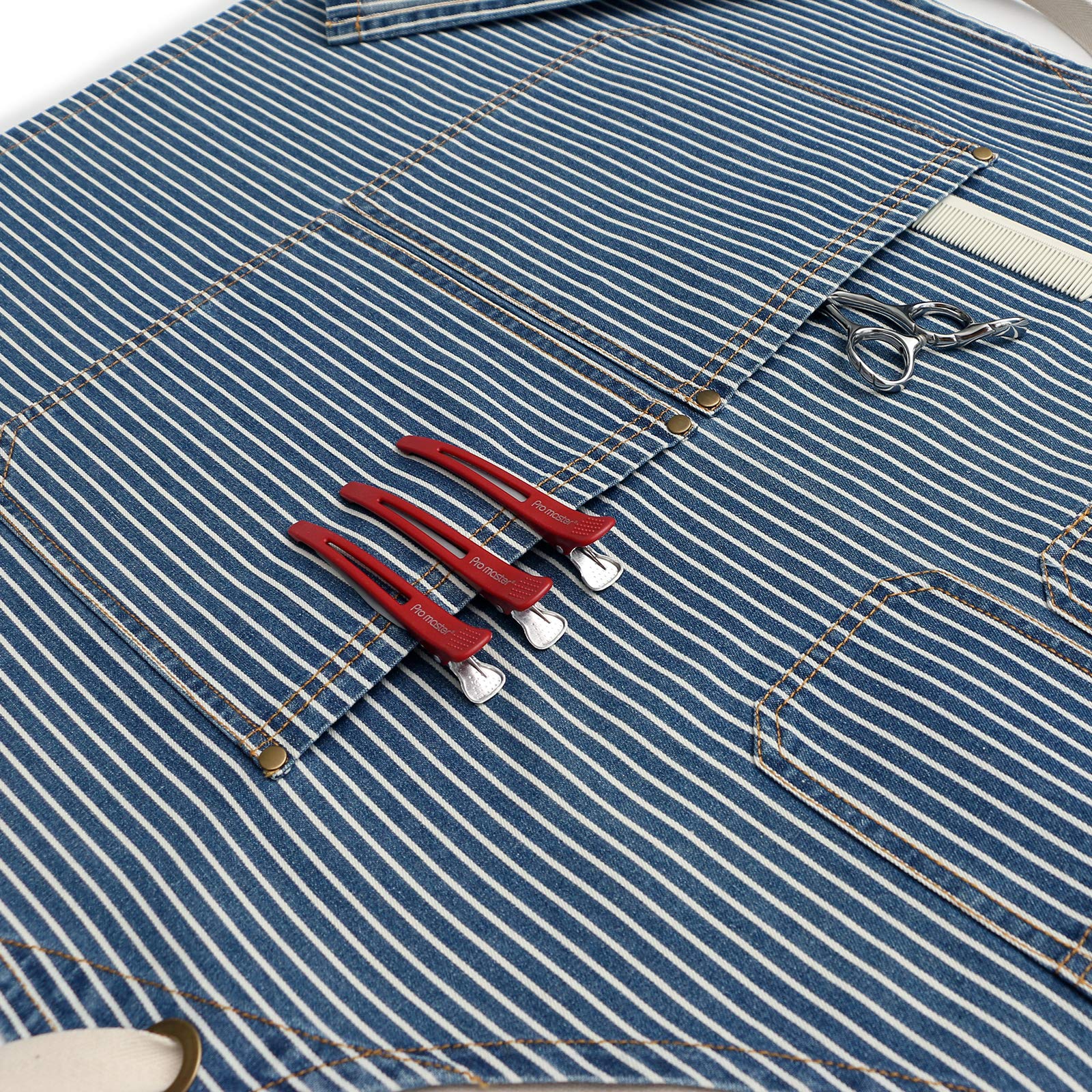 Jeanerlor - Cooking Apron with 4 Pockets for Hairdresser Cross Back (Blue Striped)