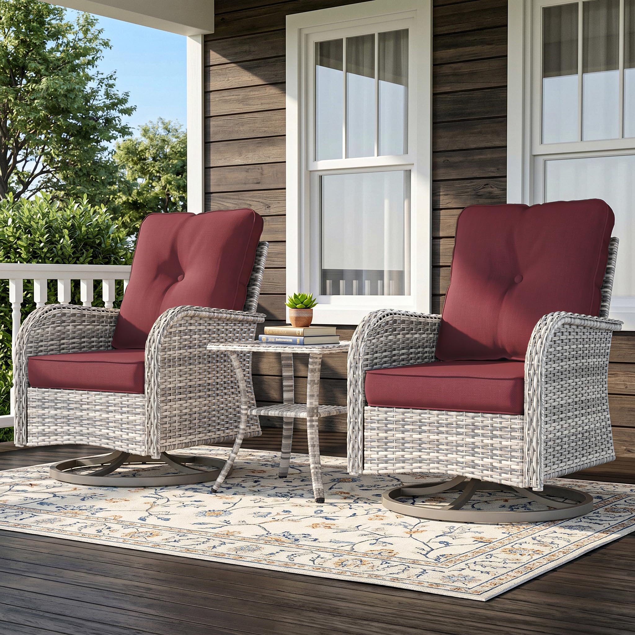 3-Piece Small Patio Furniture Set, Outdoor Swivel Rocking Chairs Set with Wicker Chairs and Tempered Glass Side Table, Outdoor Furniture Patio Bistro Set for Balcony, Deck, Porch