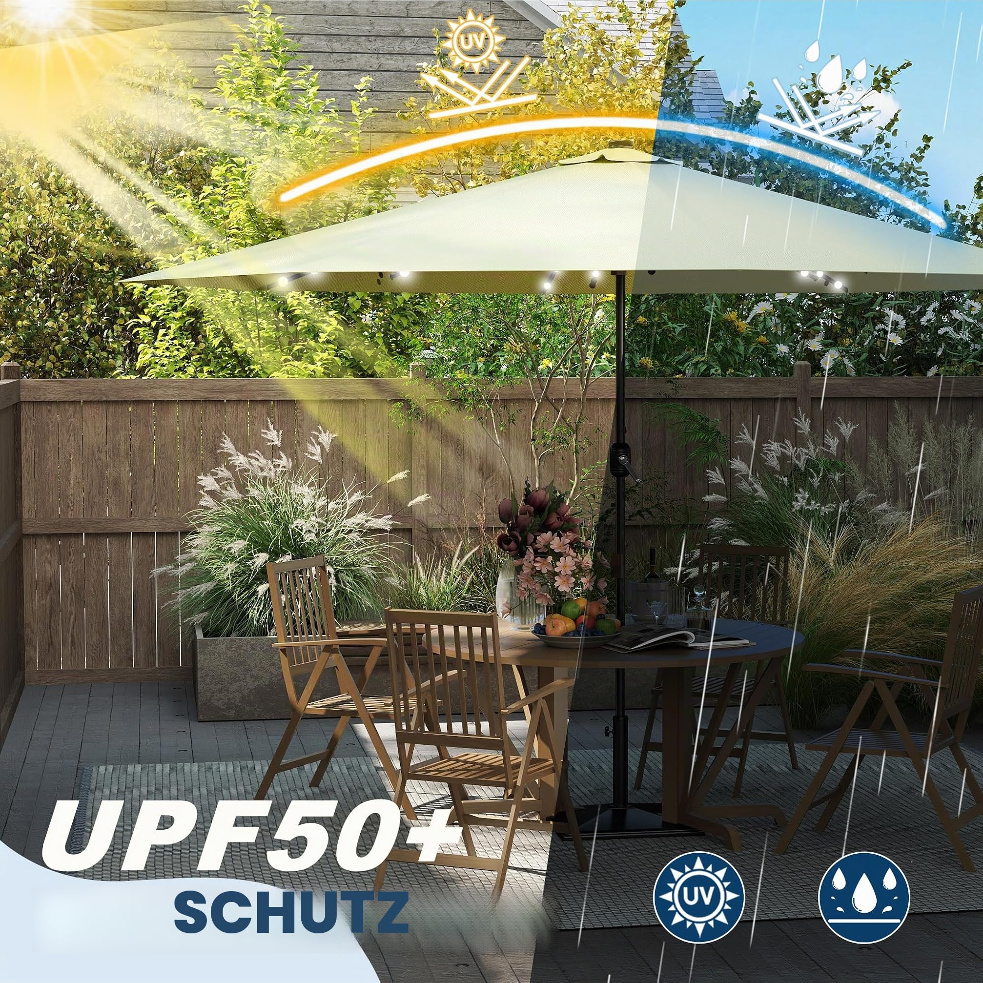 LZQ Sonnenschirm Balkon Ø 350cm Gartenschirm mit Solar LED Beleuchtung Alu Marktschirm mit Handkurbel Strandschirm Rund Terrassenschirm Wasserabweisende UPF 40+(Beige, Winkel Nicht Verstellbar)
