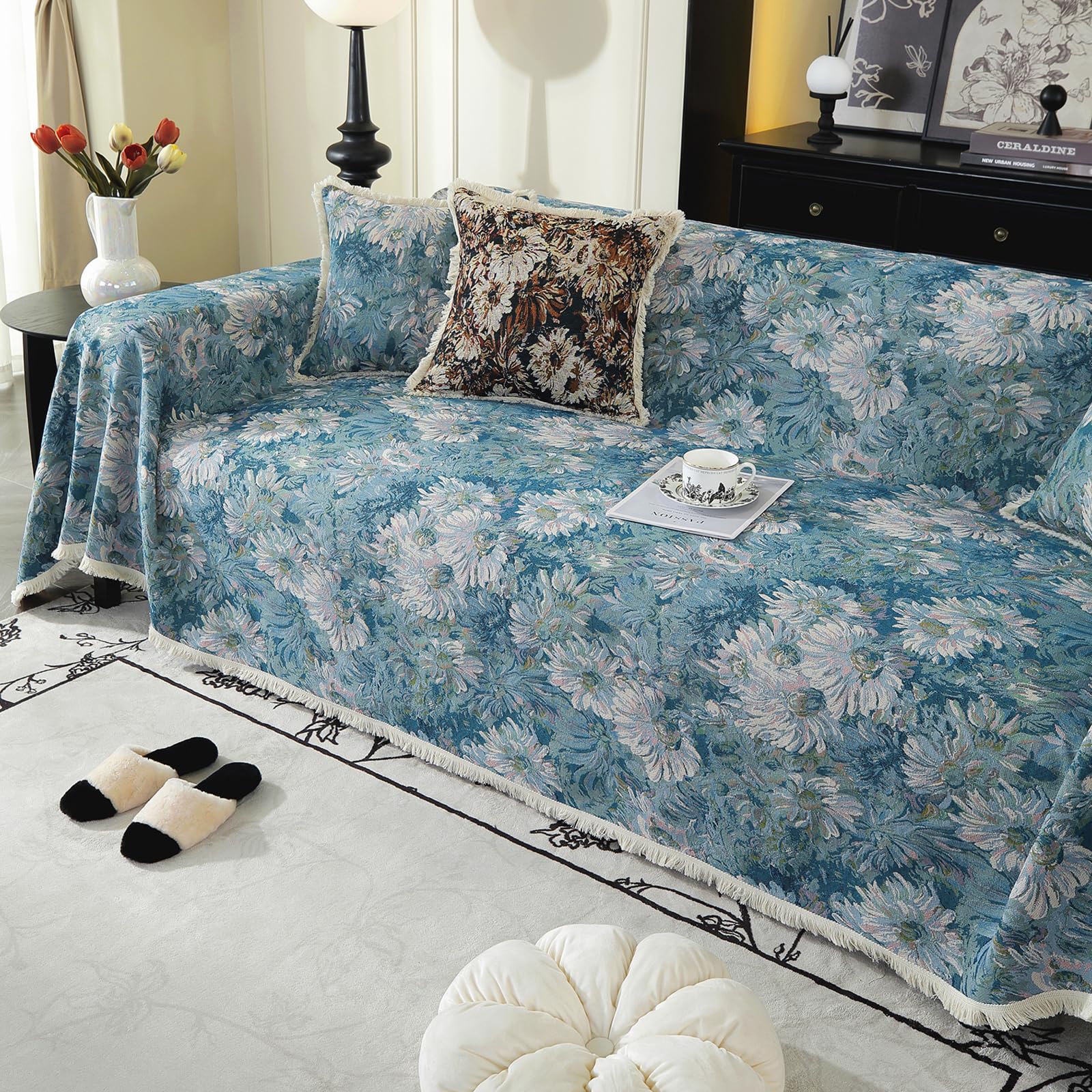 VanderHOME Durable Artisan Sofa blanket - Breathable Cotton and Linen Blend Throws for the Sofa, Vintage-Inspired Home Decor with All-Season Versatility 180 * 380cm-Ink flower